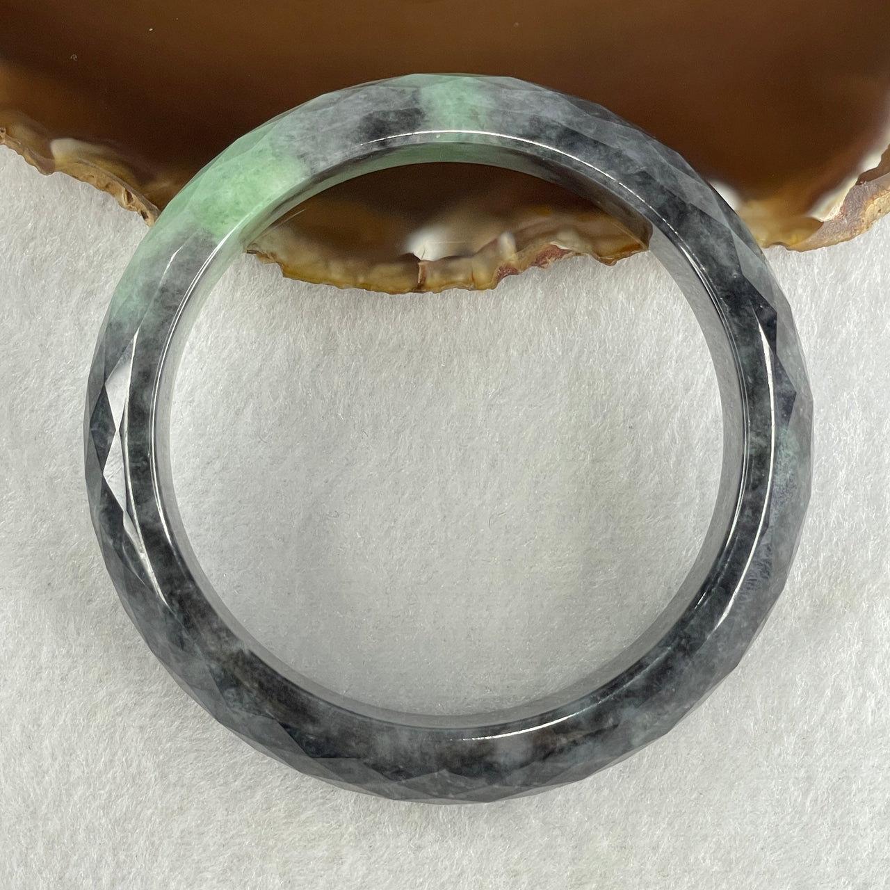 Natural Type A Faceted Wuji Grey with High End Green Patches Jadeite Bangle 82.26g Inner Diameter 60.7mm Thickness 16.8 by 12.0mm (Very Very Slight Internal Lines)