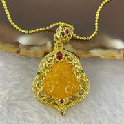 Natural Butterscotch Amber Milo Buddha with Crystals in Gold Color Necklace 5.64g 12.2 by 11.8 by 3.2mm - Huangs Jadeite and Jewelry Pte Ltd