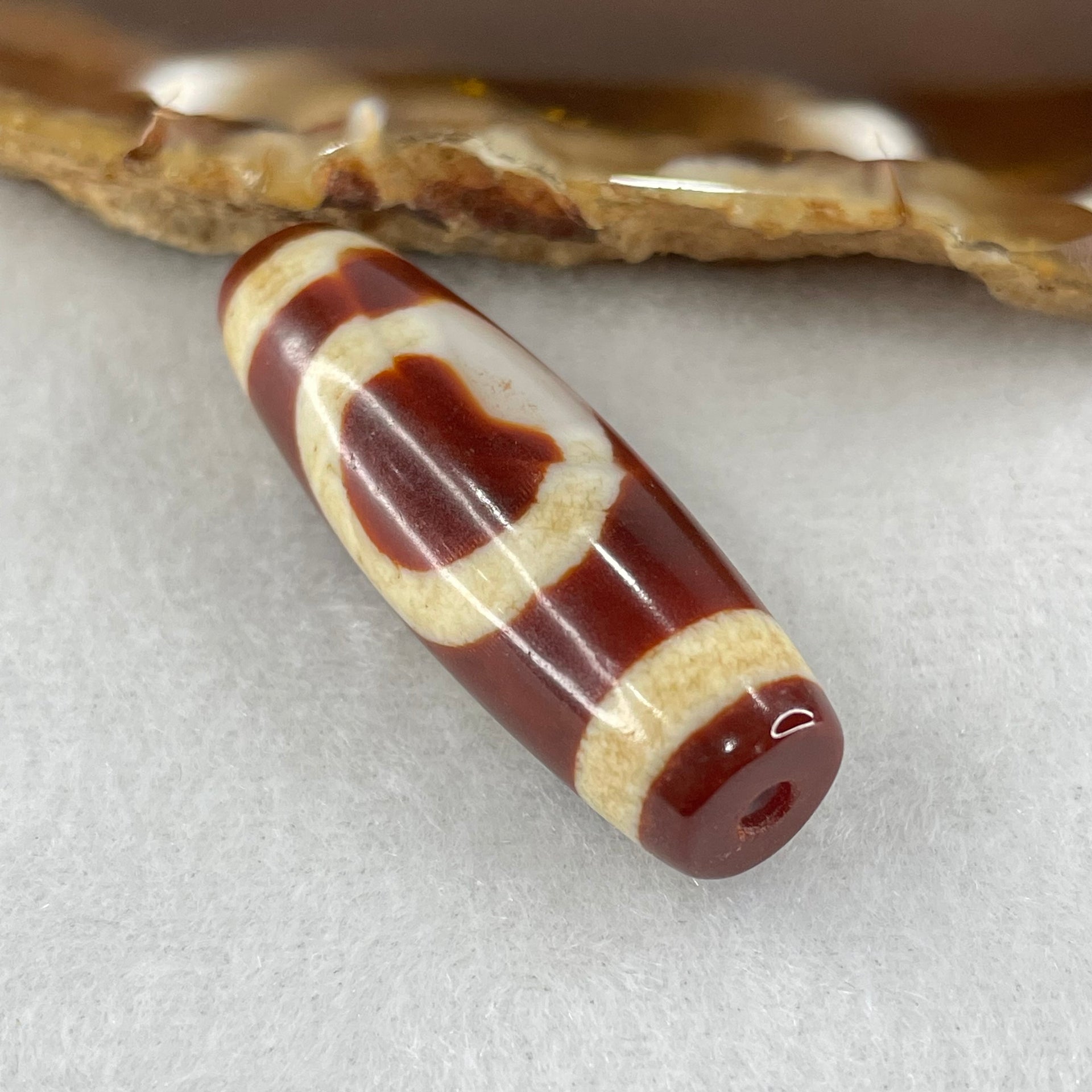 Natural Powerful Tibetan Old Oily Red White Agate One Eye Fire Sign Dzi Bead Heavenly Master (Tian Zhu) 一眼火天珠 9.27g 37.7 by 12.7mm - Huangs Jadeite and Jewelry Pte Ltd
