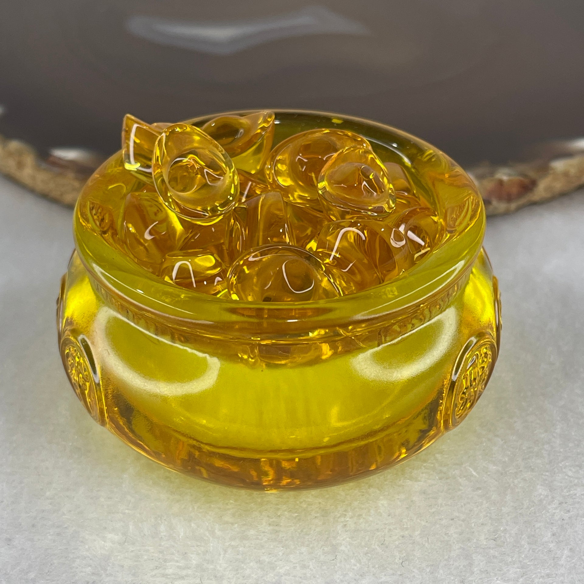 Yellow Liuli Wealth Pot with Ingot Yuan Bao Display Total Weight 150.37g 59.4 by 37.0mm - Huangs Jadeite and Jewelry Pte Ltd