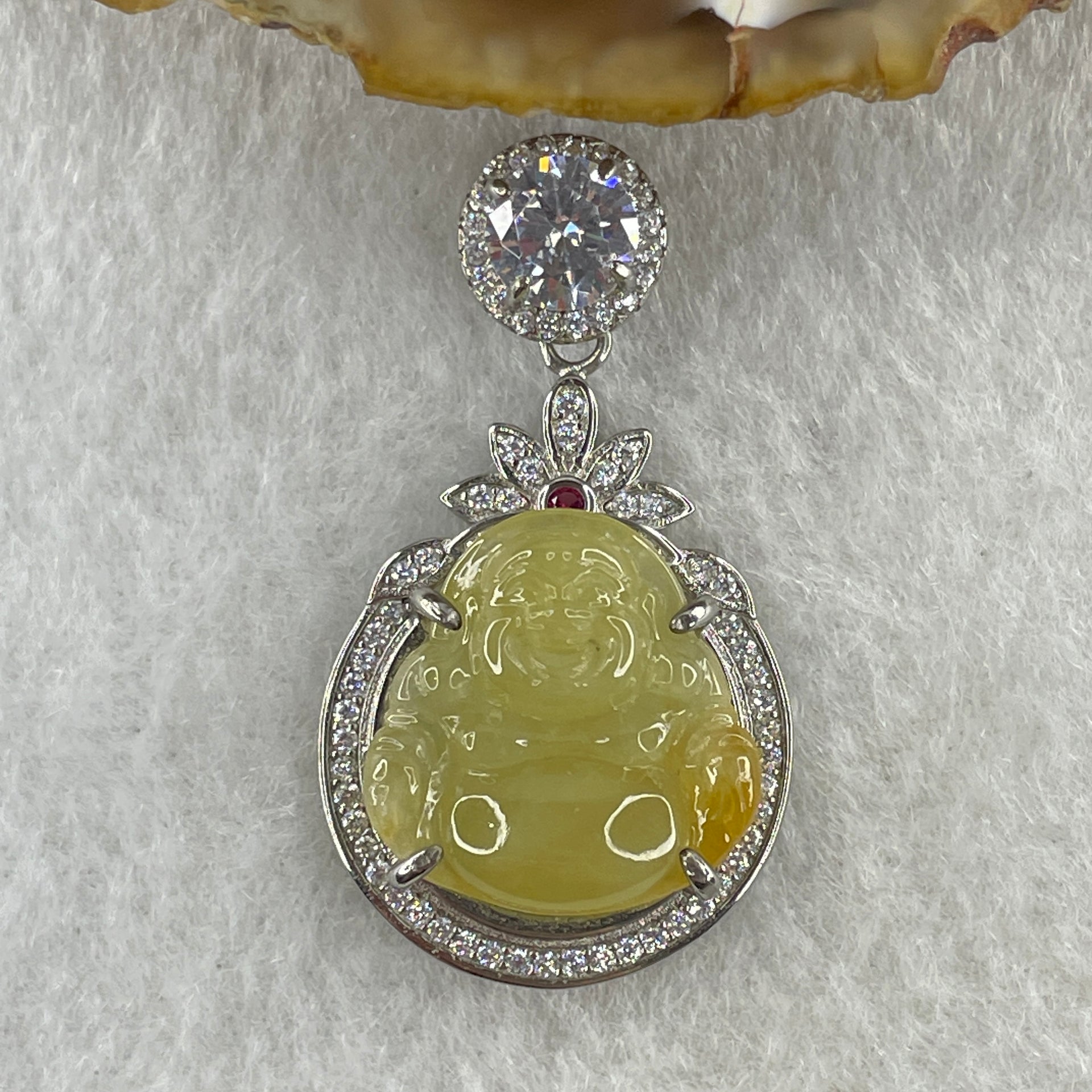 Type A Natural Semi Icy Yellow Jadeite Milo Buddha S925  Silver with Cubic Zirconia Pendant 5.28g 17.1 by 16.5 by 5.0mm - Huangs Jadeite and Jewelry Pte Ltd