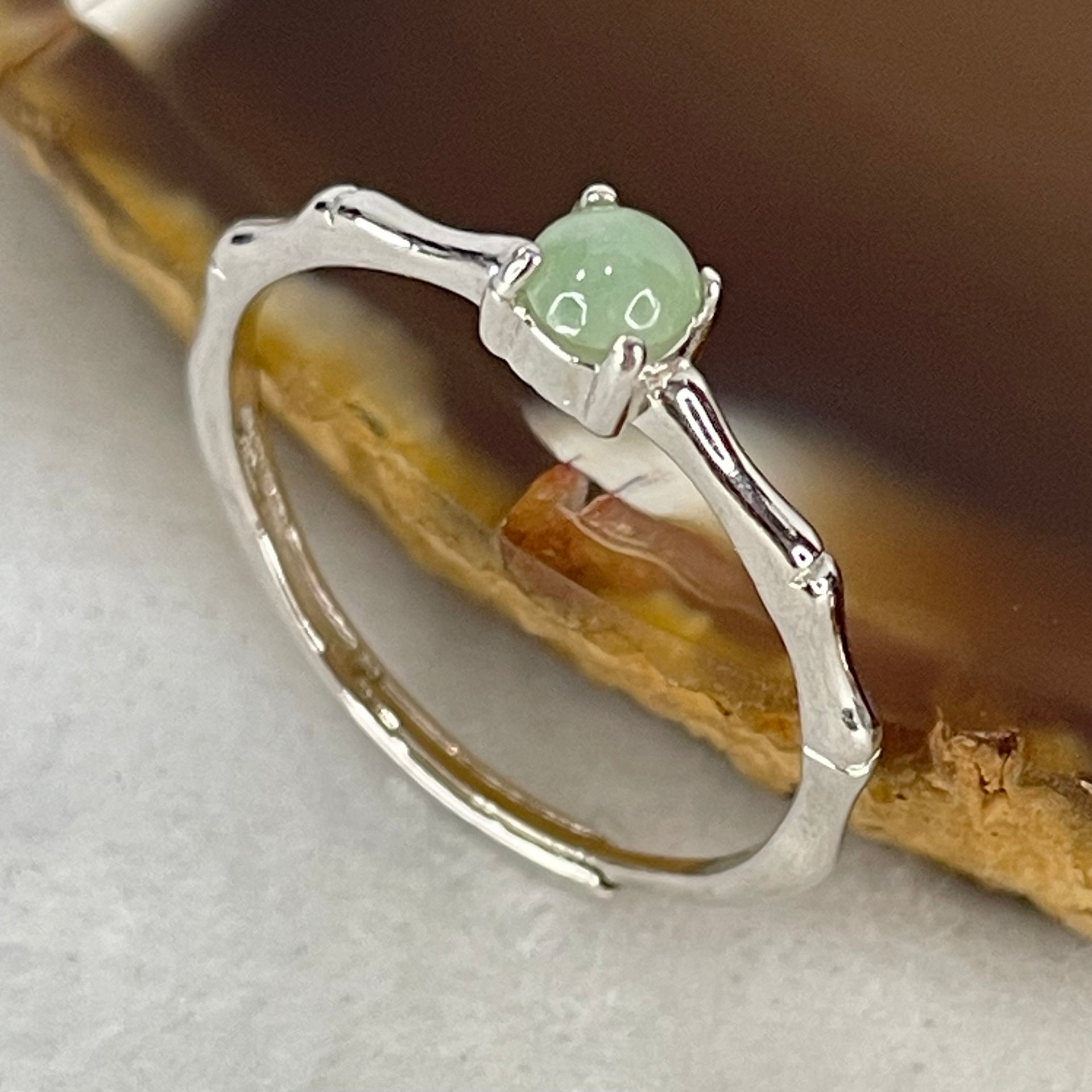 Type A Apple Green Cabochon Jadeite in S925 Sliver Bamboo Ring (Adjustable Size) 1.07g 3.8 by 2.5mm - Huangs Jadeite and Jewelry Pte Ltd