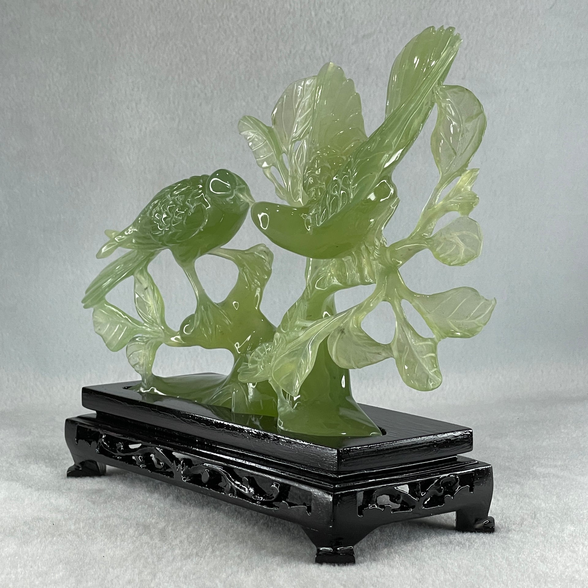 Natural Green Serpentine Double Magpies Birds on Tree with Wooden Stand Display 500.5g 195.0 by 80.0 by 170.0mm - Huangs Jadeite and Jewelry Pte Ltd