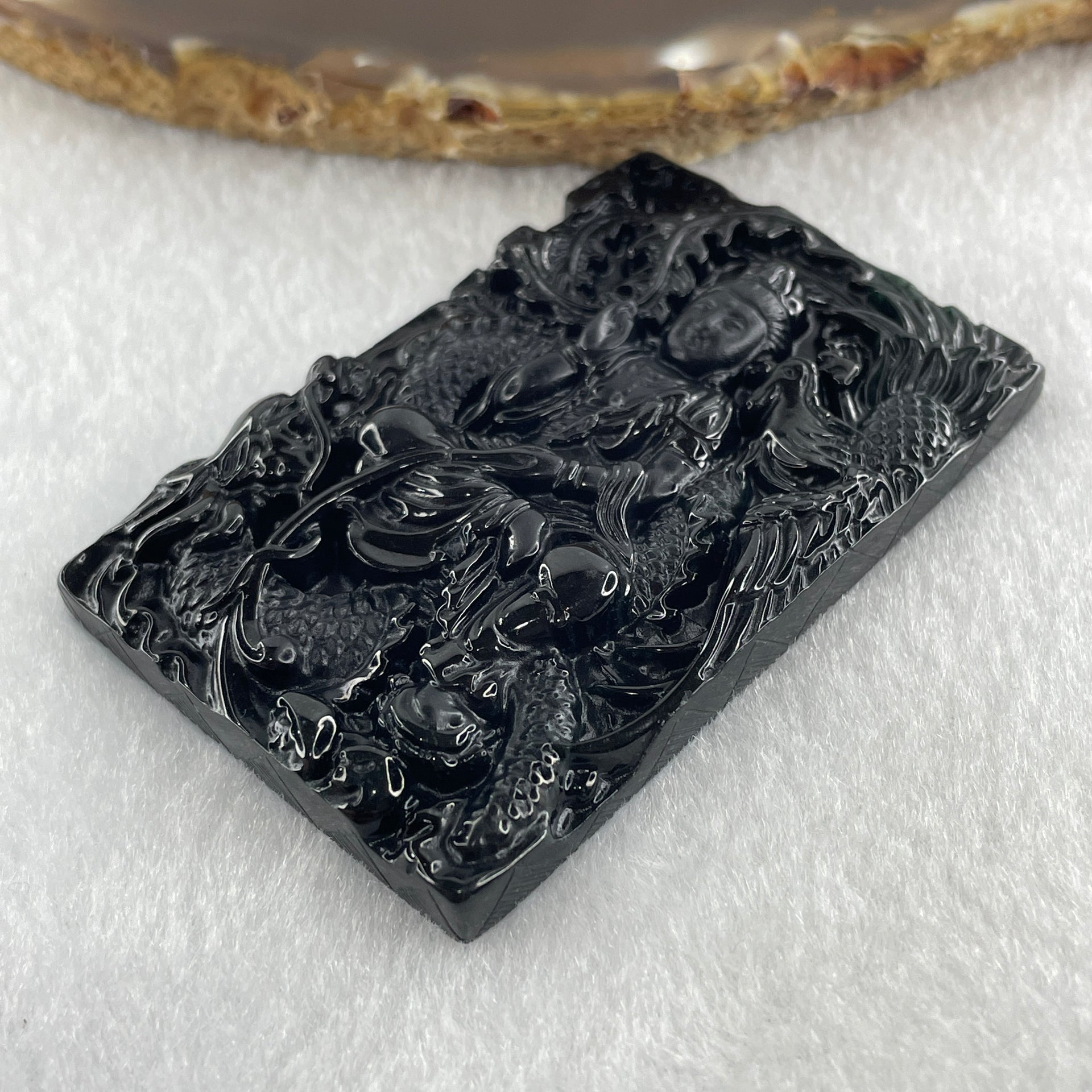 Type A Opaque to Partial Translucent Black Omphacite Jadeite Guan Yin with Dragon and Phoenix Pendant 34.30g 63.1 by 41.4 by 8.0mm - Huangs Jadeite and Jewelry Pte Ltd