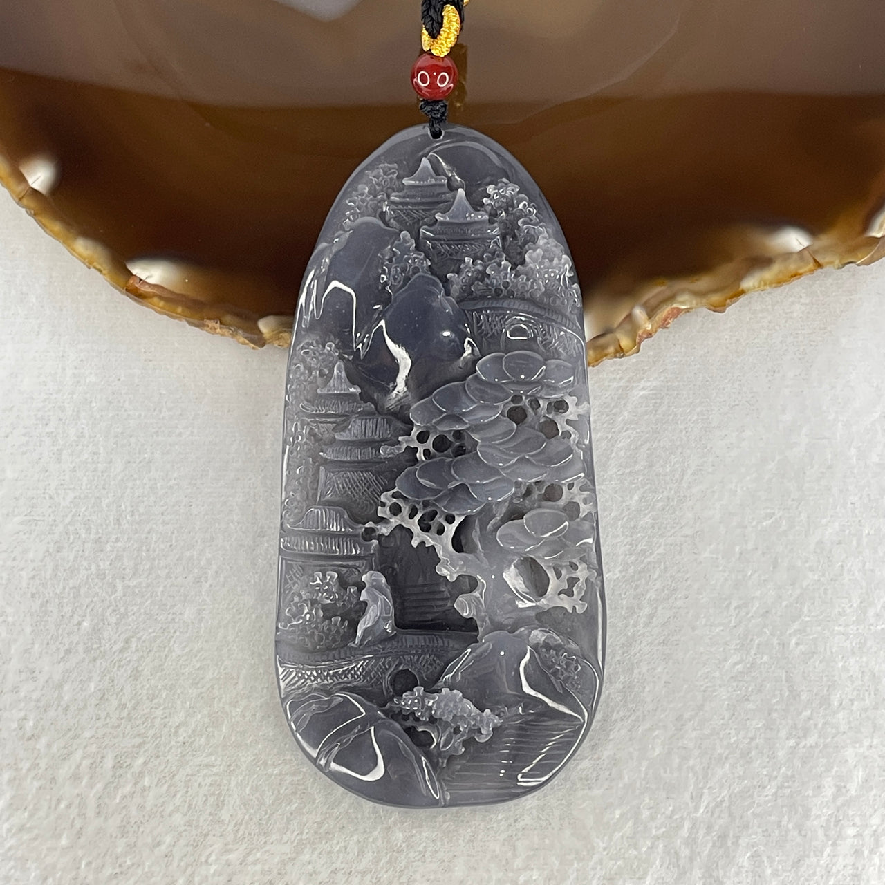 Certified Natural Nephrite Pendant 72.00g - 90.8x43.0x11.2mm - Purplish Grey Shan Shui Scenic with Gui Ren - Grade A Untreated Nephrite Jade Art