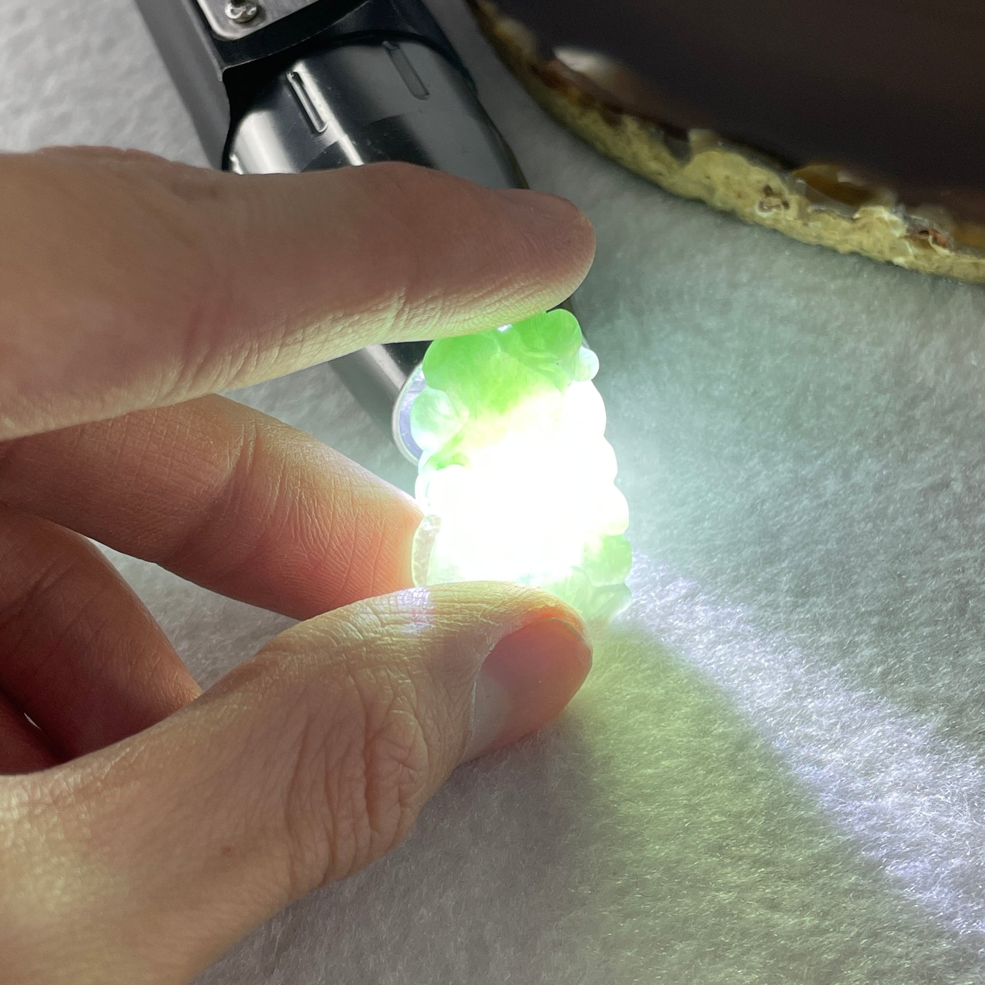 Natural Type A Jelly Green with Faint Green and Emerald Green Jadeite Carp Fish on Lotus Leaf Pendant 6.34g 34.1 by 20.3 by 6.3mm - Huangs Jadeite and Jewelry Pte Ltd