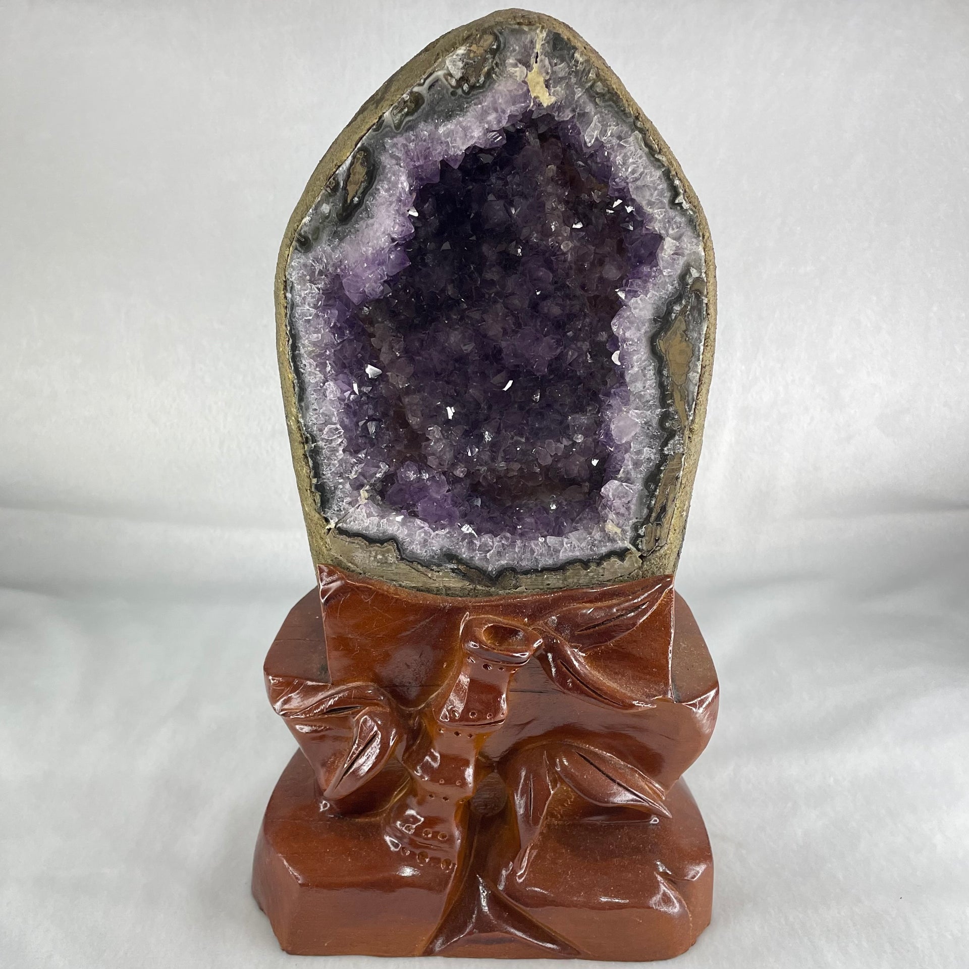 Natural Amethyst Cave with Wooden Stand 3,849.40g 145.8 by 132.6 by 160.0mm - Huangs Jadeite and Jewelry Pte Ltd