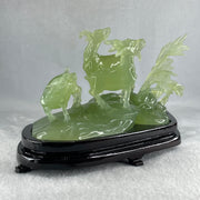 Natural Green Serpentine 3 Goat on Grassland with Wooden Stand Display 913.3g 215.0  by 102.2 by 130.0mm - Huangs Jadeite and Jewelry Pte Ltd