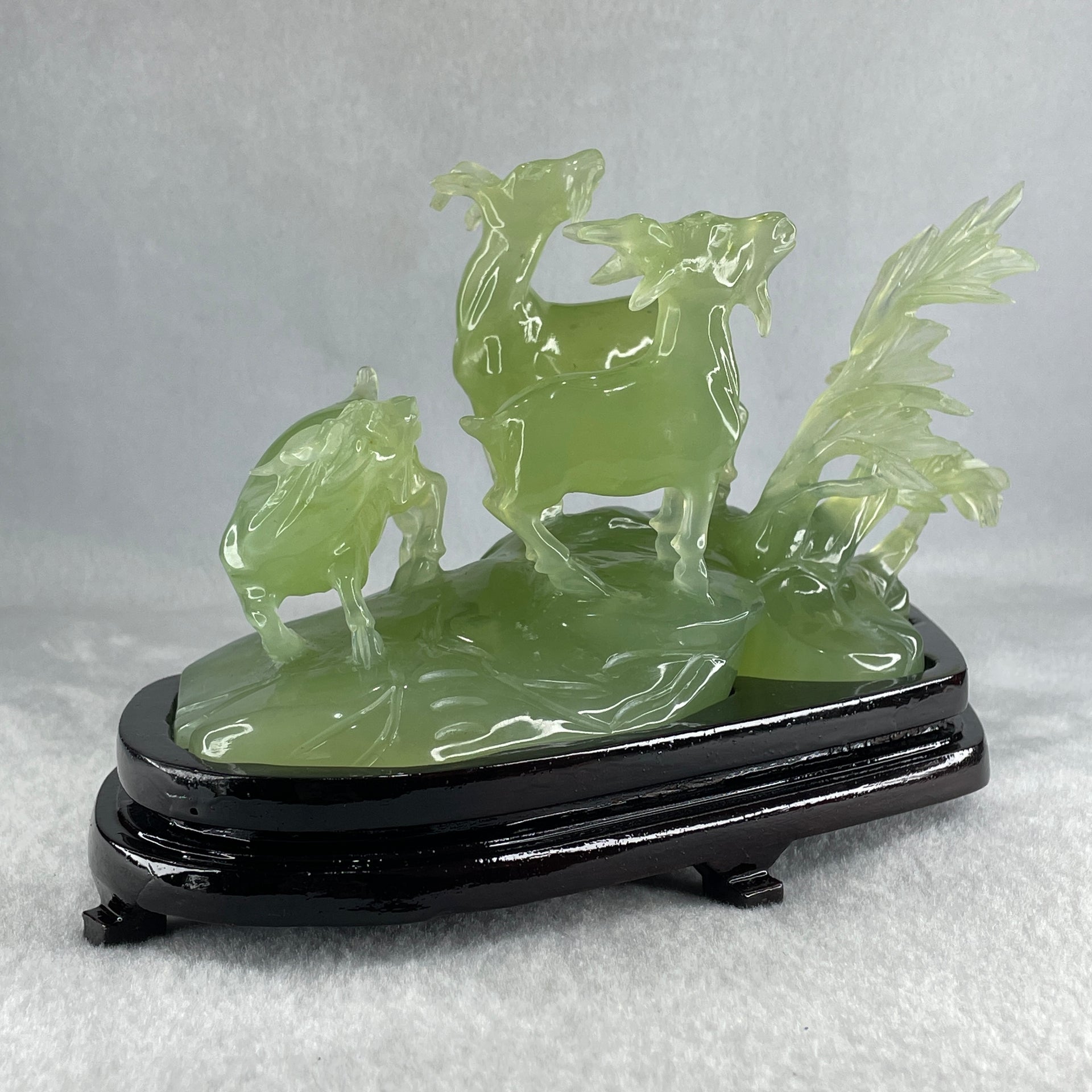 Natural Green Serpentine 3 Goat on Grassland with Wooden Stand Display 913.3g 215.0  by 102.2 by 130.0mm - Huangs Jadeite and Jewelry Pte Ltd