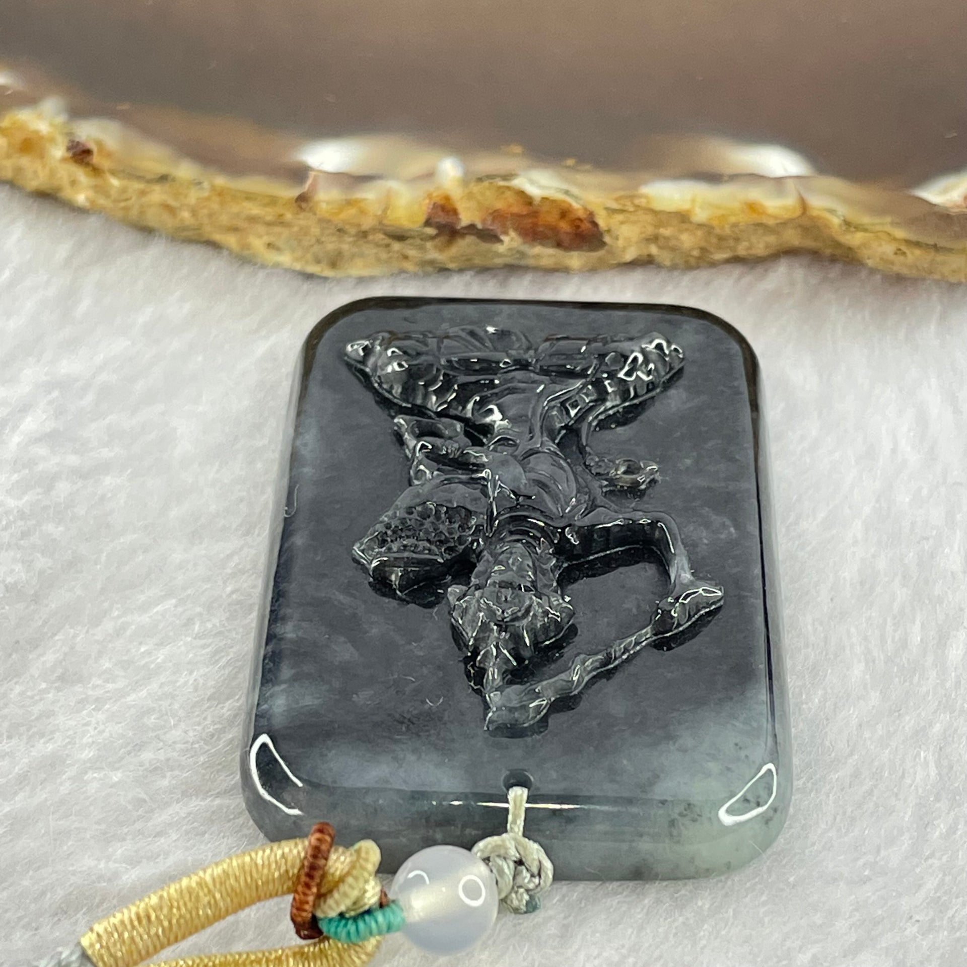 Type A Black Grey Wuji Jadeite Manjushri Bodhisattva Guan Yin Pendent 33.56g 51.5 by 34.1 by 8.9mm - Huangs Jadeite and Jewelry Pte Ltd