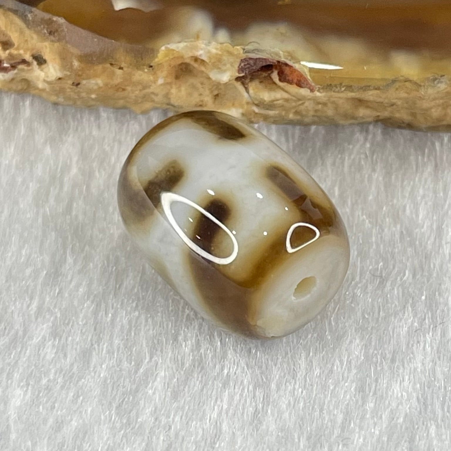 Natural Powerful Tibetan Old Oily Dark Brown with White Agate Patina Guiren Tairen Human Dzi Bead Totem Amulet Heavenly Master (Tian Zhu) 贵人天诛 2.70g 13.6 by 10.7mm - Huangs Jadeite and Jewelry Pte Ltd