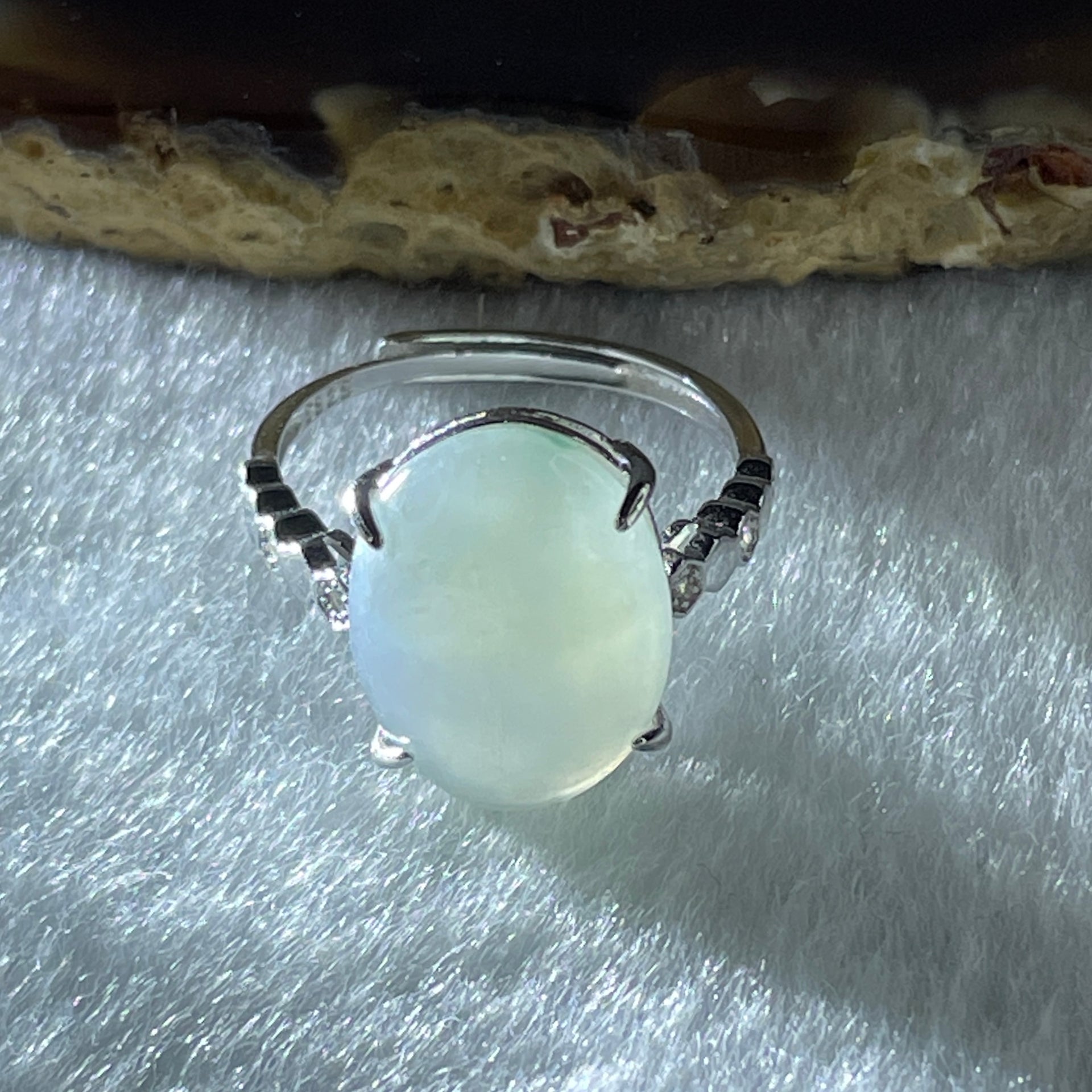 Natural Type A Semi Icy Faint Lavender Jadeite Oval Shape Cabouchon in S925 Silver Ring (Adjustable Size) 2.70g 14.8 by 11.1 by 4.5mm - Huangs Jadeite and Jewelry Pte Ltd