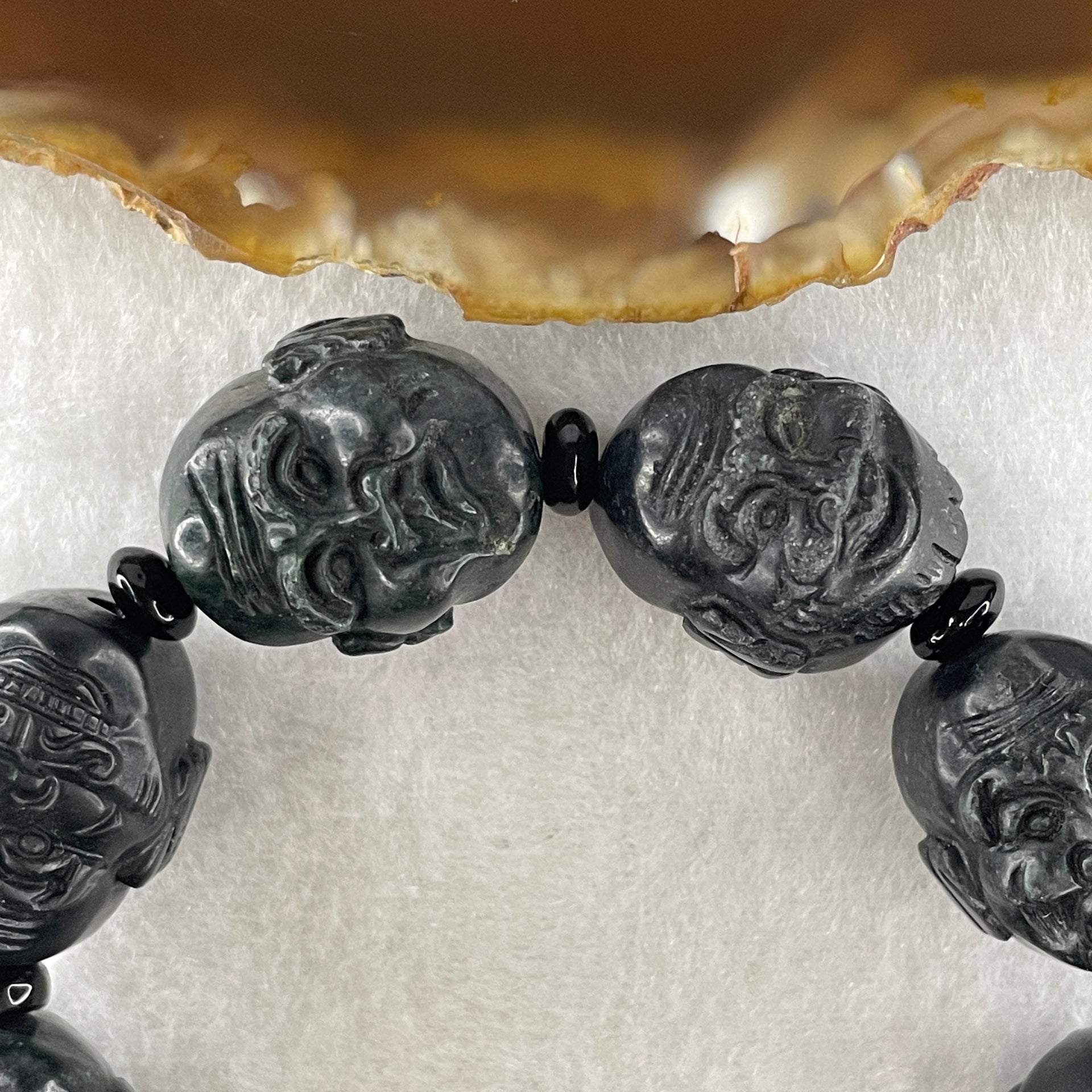 Type A Opaque Black Omphacite Jadeite Eighteen Arhats or 18 Luohans  十八羅漢 Head Beads Bracelet 101.90g 16cm 19.9mm 9 Beads - Huangs Jadeite and Jewelry Pte Ltd