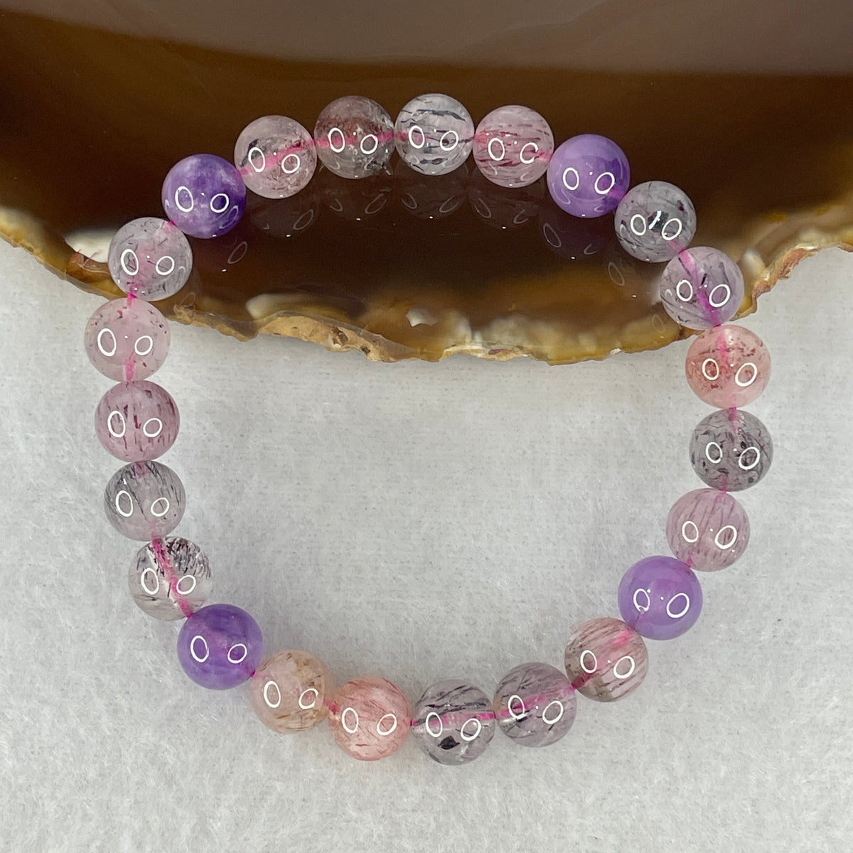 Certified Above Average Grade Natural Super 7 Crystal Beads Bracelet | 8.4mm Sacred 7-Mineral Synergy Power (17.51g | 15.5cm Petite Wrist Sizing | 23 Beads)