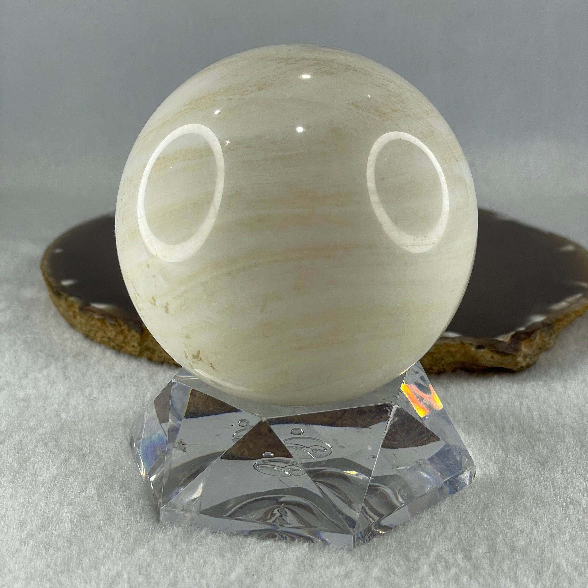 Natural White with Yellow Calcite Sphere Ball with Acrylic Display 578.5g 71.4 by 86.5mm - Huangs Jadeite and Jewelry Pte Ltd