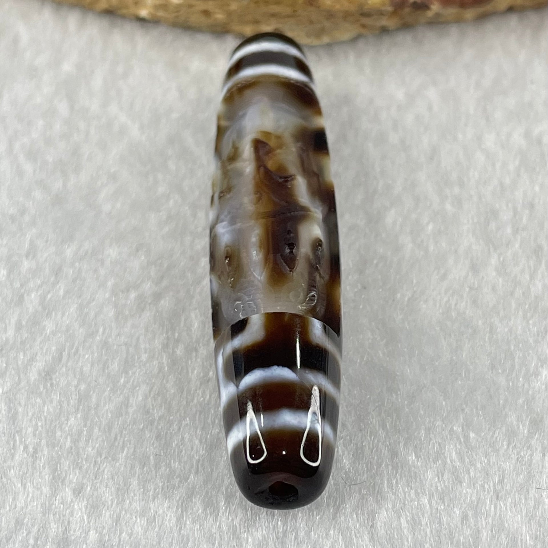 Natural Powerful Tibetan Old Oily Agate 4 Eyes with Zha Ji La Mu Female Cai Shen Carvings Dzi Bead Heavenly Master (Tian Zhu) 四眼扎基拉姆女财神天诛 13.03g 57.9 by 13.0mm - Huangs Jadeite and Jewelry Pte Ltd