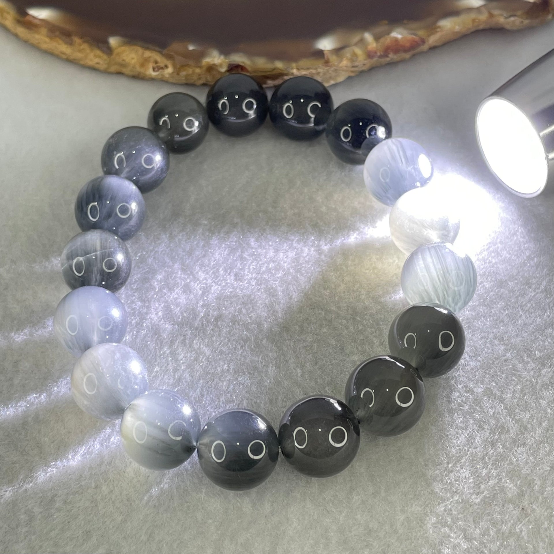 Good Grade Natural Grey Rabbit Hair Rutilated Quartz Beads Bracelet 47.04g 18cm 12.8mm 17 Beads - Huangs Jadeite and Jewelry Pte Ltd