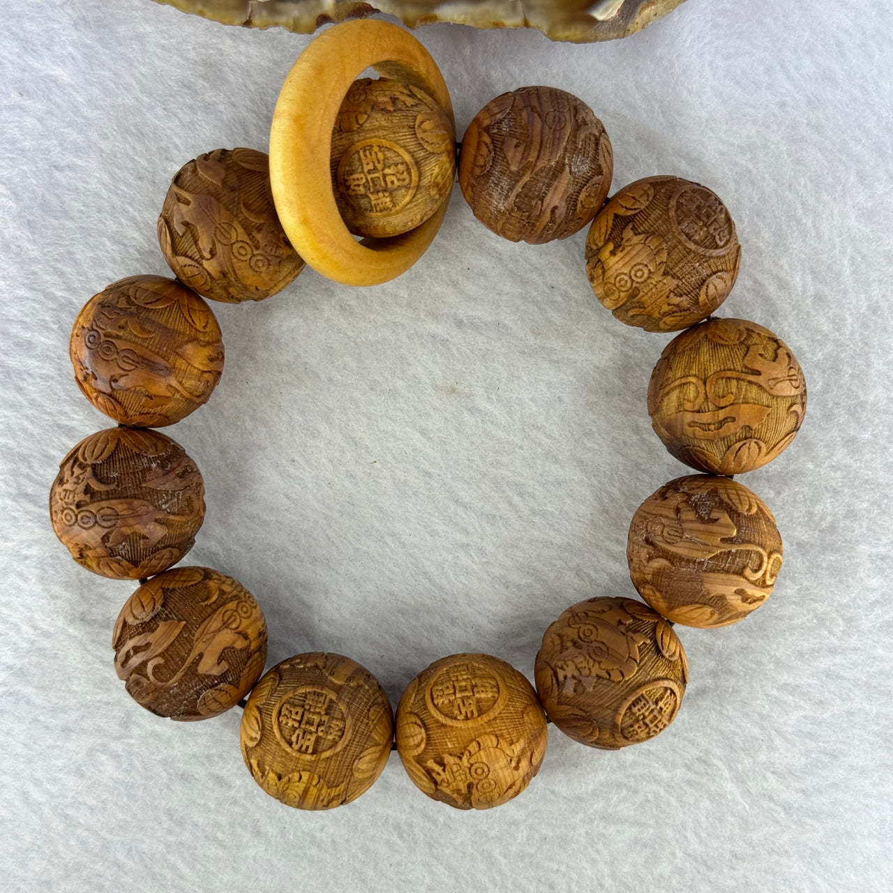 Natural Yabai Wood Pixiu Pair with Prosperity Coin Beads Bracelet for Wealth and Protection 天然崖柏木貔貅手链 43.01g 20.4mm 12 Beads / 8.1 by 6.2 mm - Huangs Jadeite and Jewelry Pte Ltd