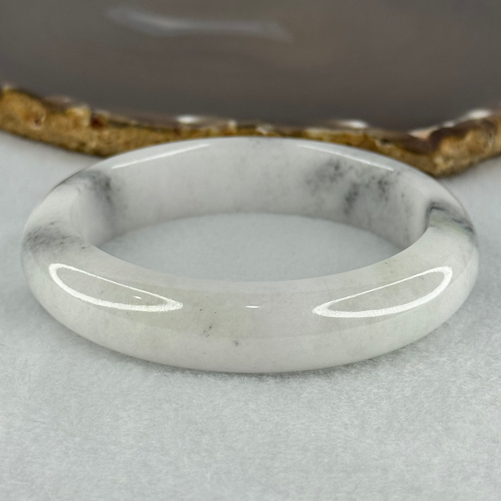 Type A Faint Lavender Green to White with Grey Wuji Patches Jadeite Bangle Internal Diameter 58.2mm 70.55g 14.0 by 9.3mm (Very Slight Internal Lines) - Huangs Jadeite and Jewelry Pte Ltd