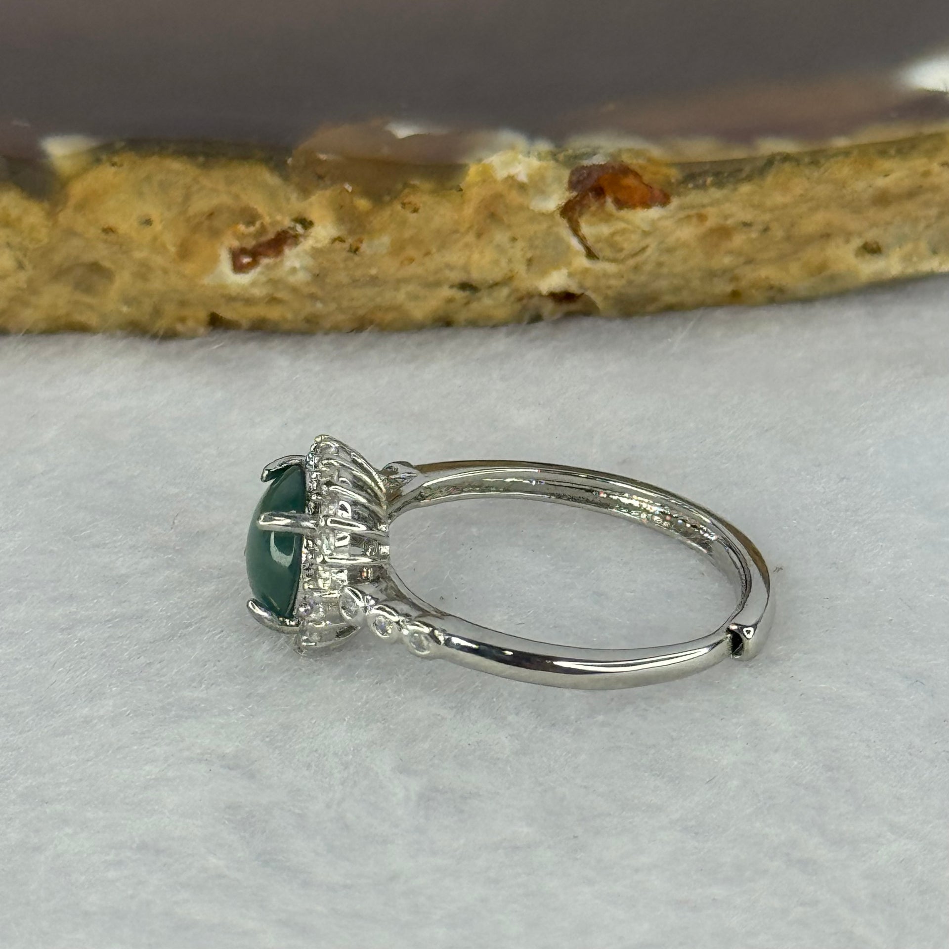 Type A Icy Blueish Green Jadeite with Crystals in Sliver Ring (Adjustable Size) 1.61g 6.9 by 2.5mm - Huangs Jadeite and Jewelry Pte Ltd