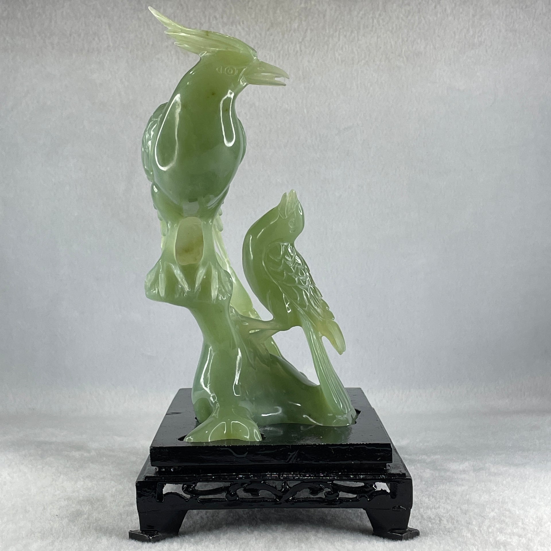 Natural Green Serpentine Double Phoenix on Tree with Wooden Stand Display 725.5g 169.0 by 210.0 by 112.0mm - Huangs Jadeite and Jewelry Pte Ltd