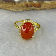 Natural Red Cinnabar in S925 Silver with Gold Color Ring (Adjustable Size) 红朱砂925银戒指 3.13g 13.2 by 10.2 by 6.5mm - Huangs Jadeite and Jewelry Pte Ltd