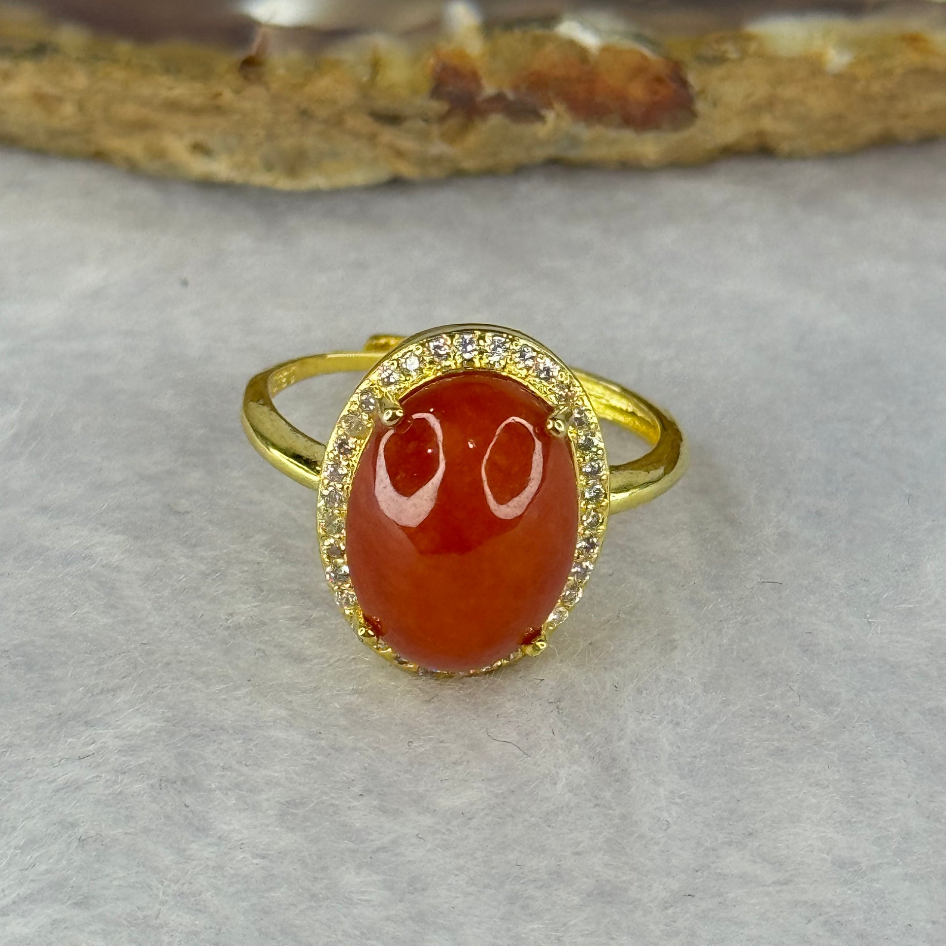 Natural Red Cinnabar in S925 Silver with Gold Color Ring (Adjustable Size) 红朱砂925银戒指 3.13g 13.2 by 10.2 by 6.5mm - Huangs Jadeite and Jewelry Pte Ltd
