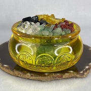 Yellow Liuli Wealth Pot with Five Element Crystal Fragment (Clear Quartz, Black Obsidian, Red Jasper, Citrine, Serpentine) Display Total Weight 702.75g 99.1 by 50.8mm - Huangs Jadeite and Jewelry Pte Ltd