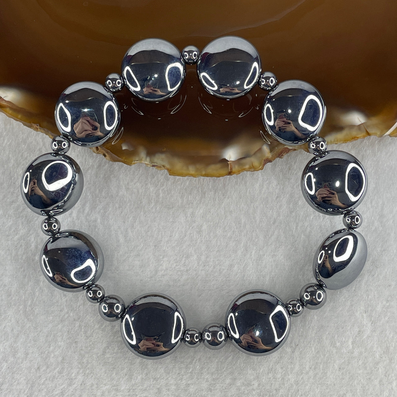 Natural Hematite Flat Beads Bracelet 27.41g 19cm 15.9mm 10Pcs