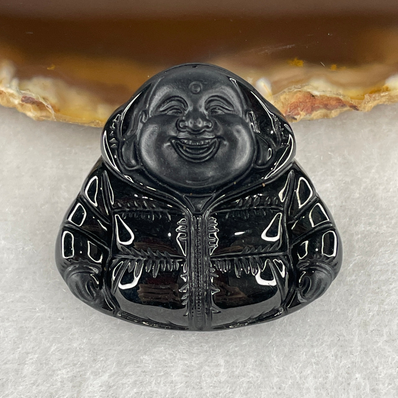 Symbol of Luck, Wealth and Happiness - Certified Natural Type A Black Jadeite Milo Laughing Buddha Pendant with Jacket 16.81g 30.2 by 32.4 by 9.3mm