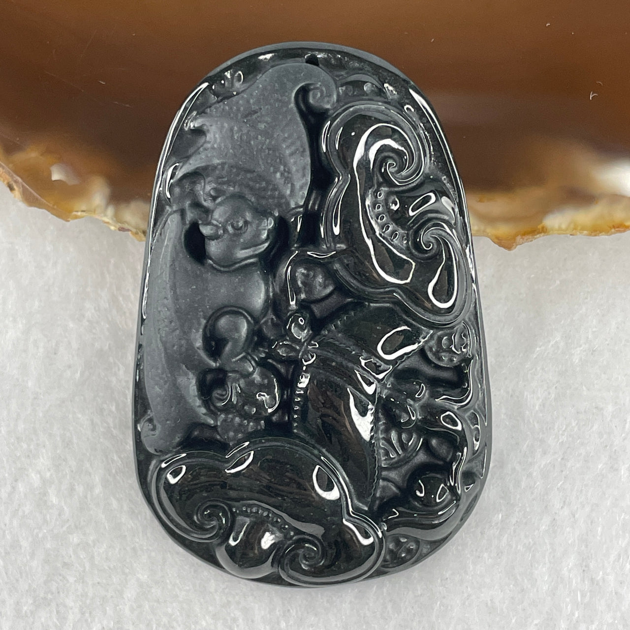 Certified Type A Opaque Black Omphacite Jadeite Bat with Ruyi Pendant | 55.3mm Natural Black Jade Fortune & Wishes Granted Talisman (25.90g | 55.3 x 36.7 x 8.6mm)