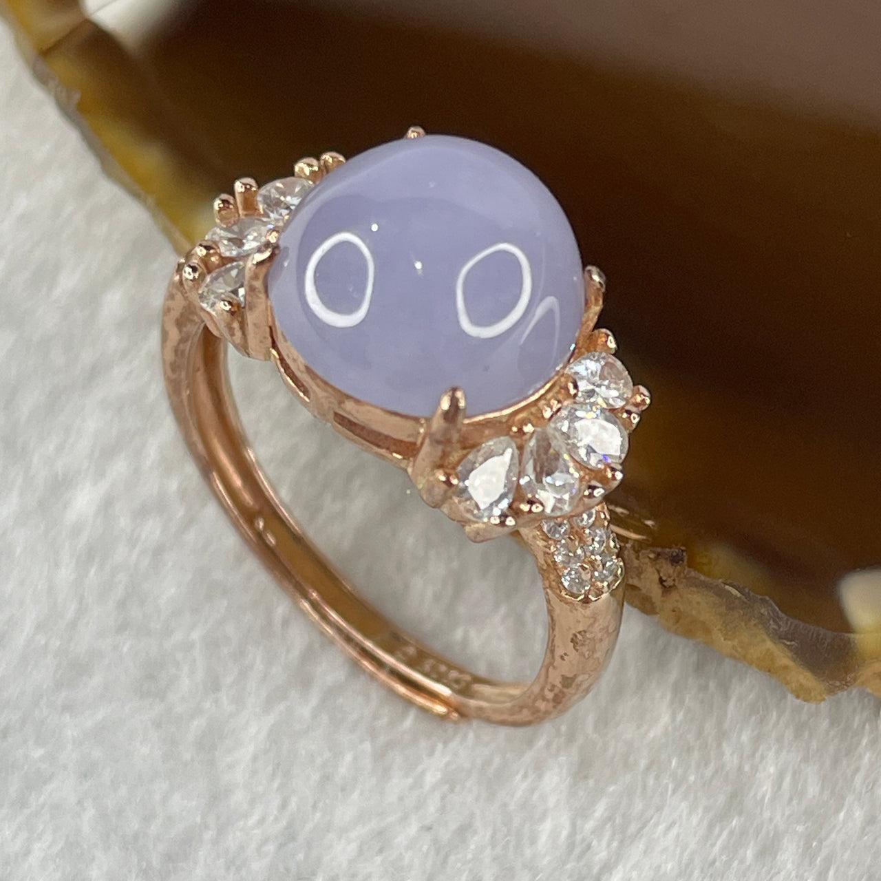 Certified Natural Type A Lavender Jadeite Round Shape Cabouchon with Cubic Zirconia in S925 Rose Gold Coler Silver Ring (Adjustable Size) 3.908g 10.3 by 9.7 by 6.0mm