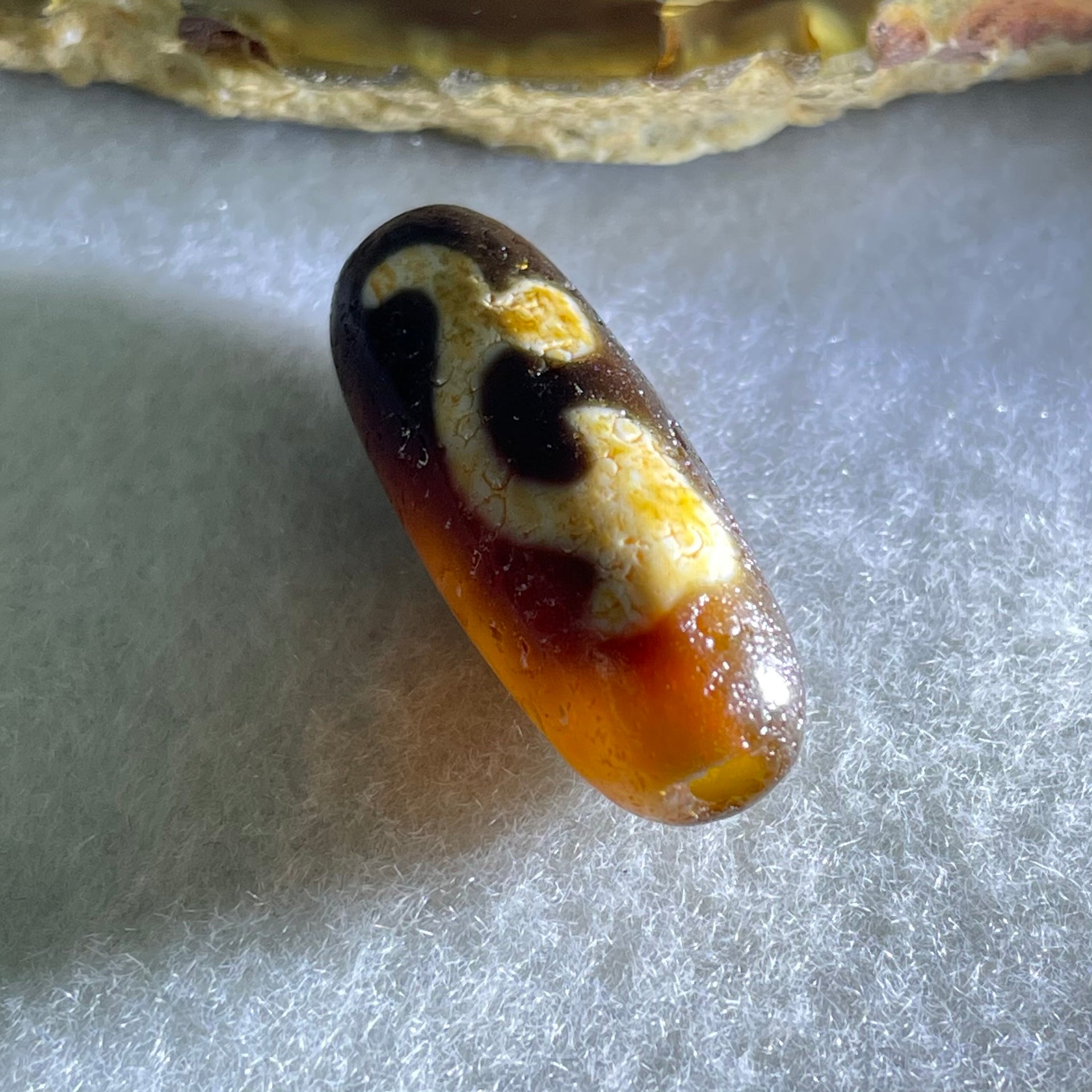 Aged Natural Powerful Tibetan Old Oily Blackish Brown Yellowish White Agate Green Tara Dzi Bead Heavenly Master (Tian Zhu) 绿度母天珠 4.86g 28.5 by 10.8mm - Huangs Jadeite and Jewelry Pte Ltd