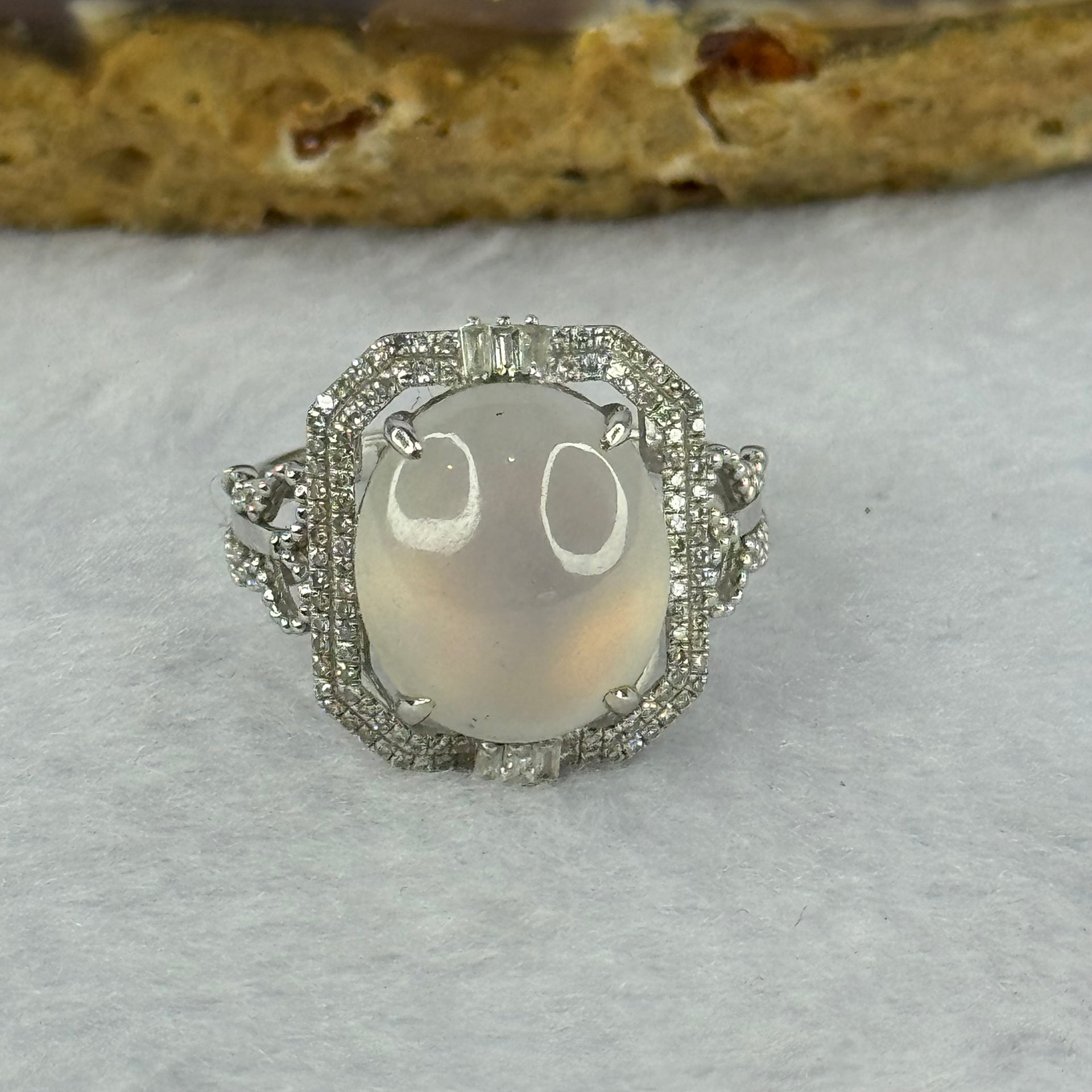 18K White Gold Type A White Jadeite with diamonds Ring 4.47g 12.7 by 10.9 by 4.5mm US6.5 HK14 - Huangs Jadeite and Jewelry Pte Ltd