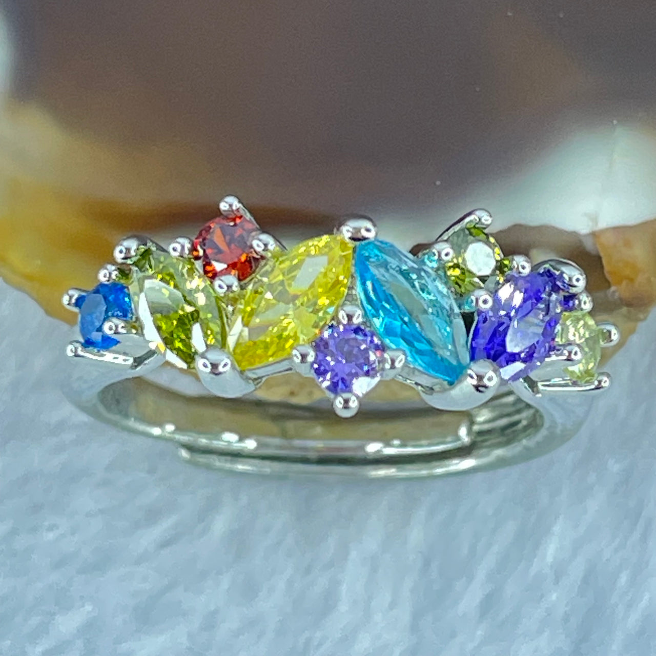 Multi Color Cubic Zirconia in Sliver Ring (Adjustable Size) 2.61g 6.4 by 4.5 by 2.2mm - Huangs Jadeite and Jewelry Pte Ltd