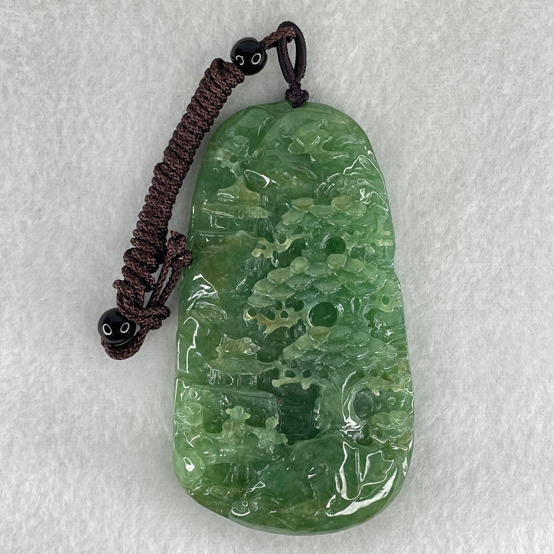 Type A Green Jadeite Double Sided Shan Shui with Double Gui Ren Benefactor Pendant 64.09g 75.6 by 42.6 by 11.2mm - Huangs Jadeite and Jewelry Pte Ltd