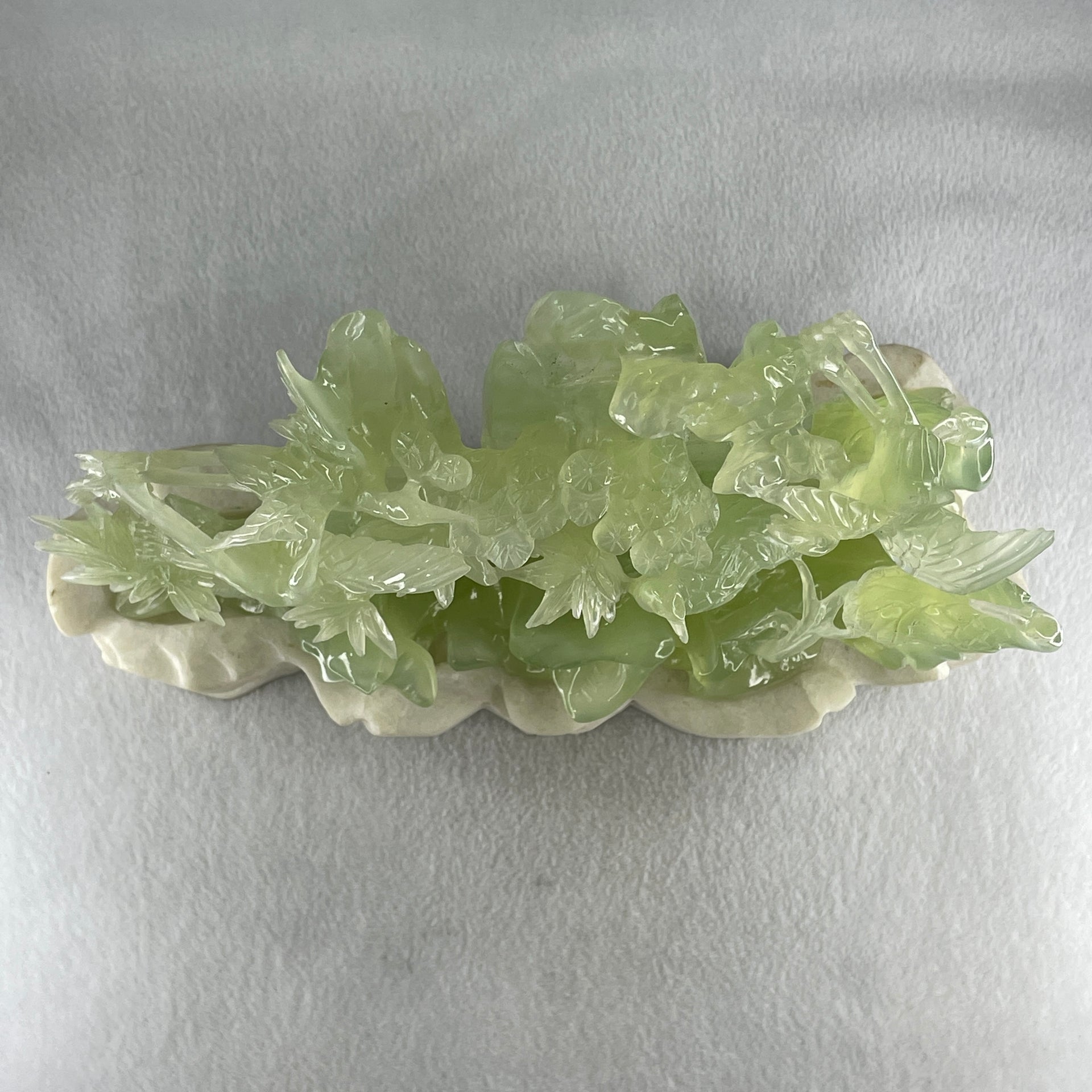 Natural Icy Green Serpentine 6 Cranes with Bamboo Shoots on Shan Shui with White Stone Stand Display 3,171.9g 270.0 by 102.0 by 236.0mm - Huangs Jadeite and Jewelry Pte Ltd