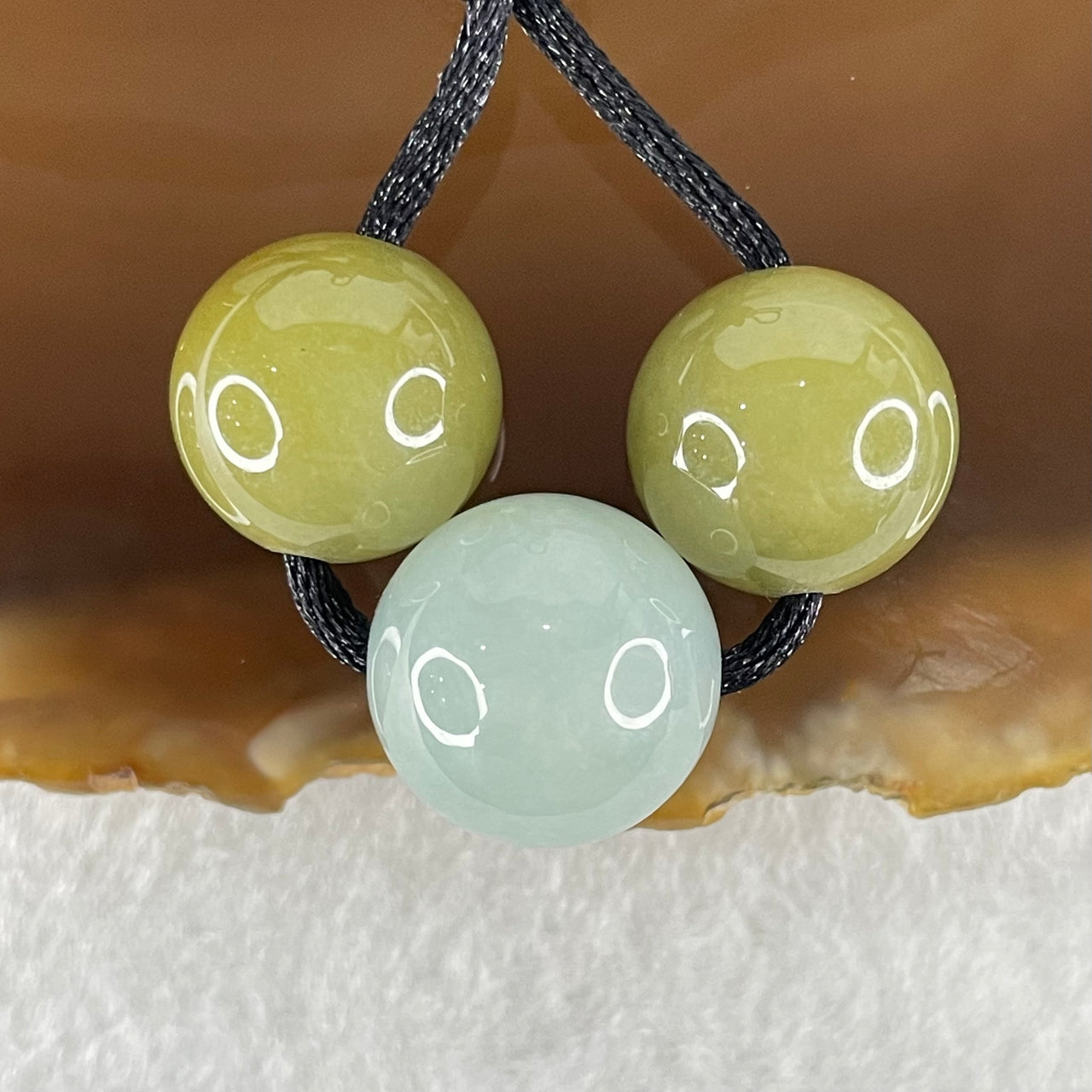 Type A Light Blueish Green 14.7mm and Brown 13.7mm Jadeite Beads Necklace 15.66g - Huangs Jadeite and Jewelry Pte Ltd