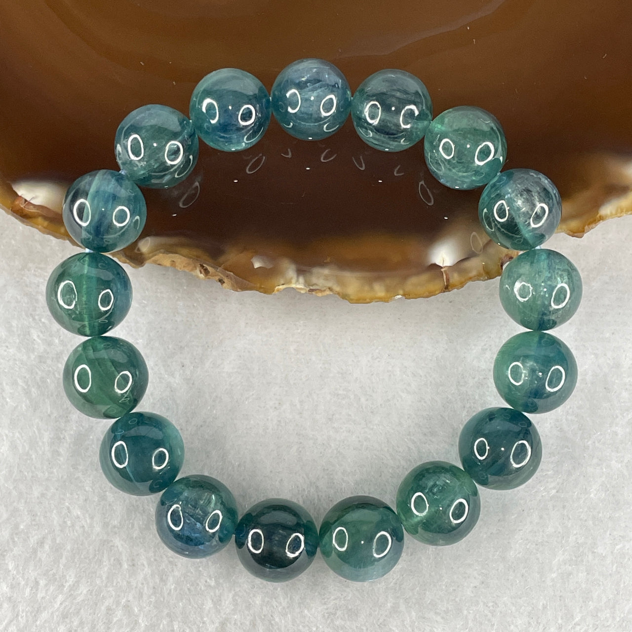 Very Very Good Grade Natural Cat's Eye Bluish Green Kyanite Beads Bracelet | 11.7mm Ocean Teal Alignment (50.06g | 15.5cm Wrist Sizing | 17 Beads)