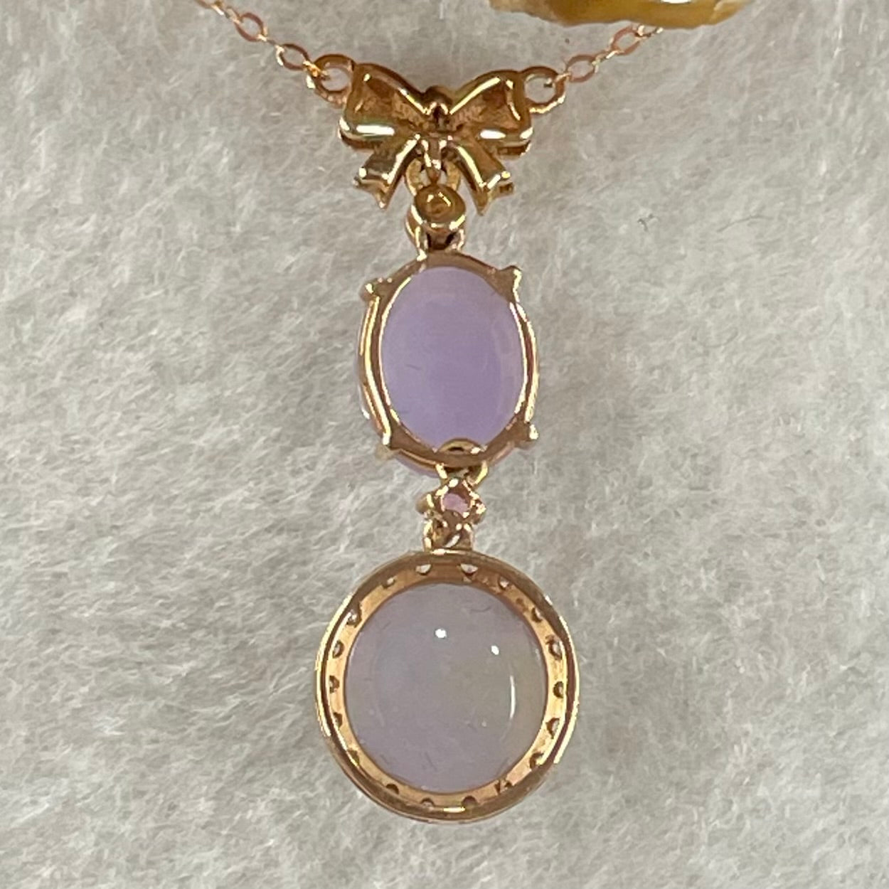 Type A Lavender Jadeite Cabouchons 8.0 by 4.2mm and 8.0 by 6.5 by 3.5mm with Diamonds in 18K Rose Gold Necklace 2.55g 40 and 45cm - Huangs Jadeite and Jewelry Pte Ltd
