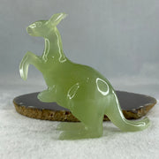 Natural Green Serpentine Kangaroo with Baby with Wooden Stand Display 235.6g 125.0 by 63.8 by 116.5mm - Huangs Jadeite and Jewelry Pte Ltd