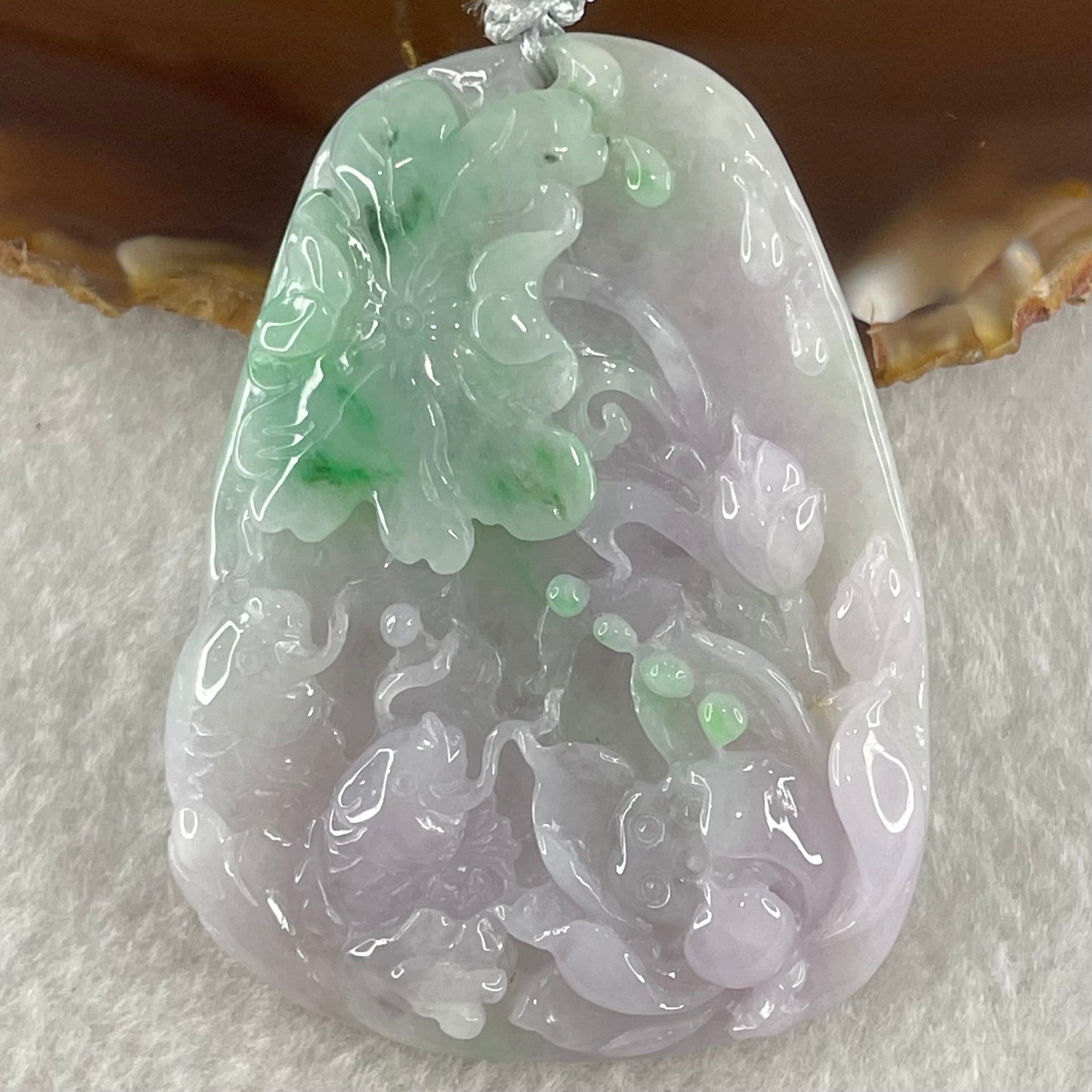 Type A Lavender with Spicy Green Patches Jadeite Lotus Flower and Double koi 51.34g 56.8 by 42.2 by 11.8mm - Huangs Jadeite and Jewelry Pte Ltd