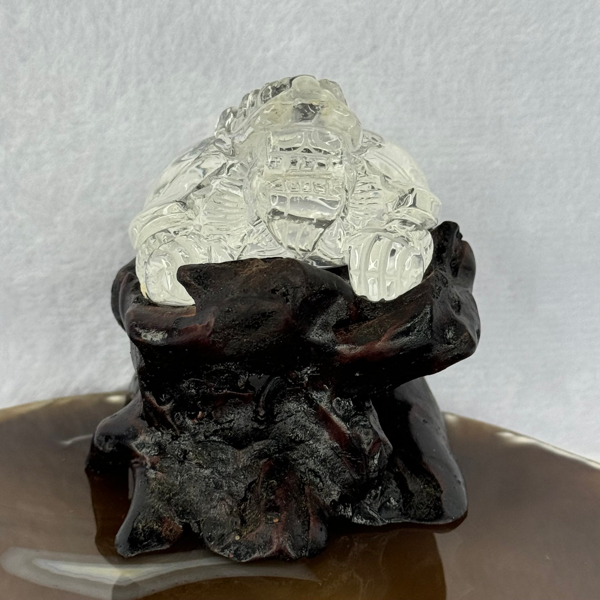 Natural Clear Quartz Dragon Turtle with Wooden Display 214.02g 78.8 by 66.1 by 75.6mm - Huangs Jadeite and Jewelry Pte Ltd