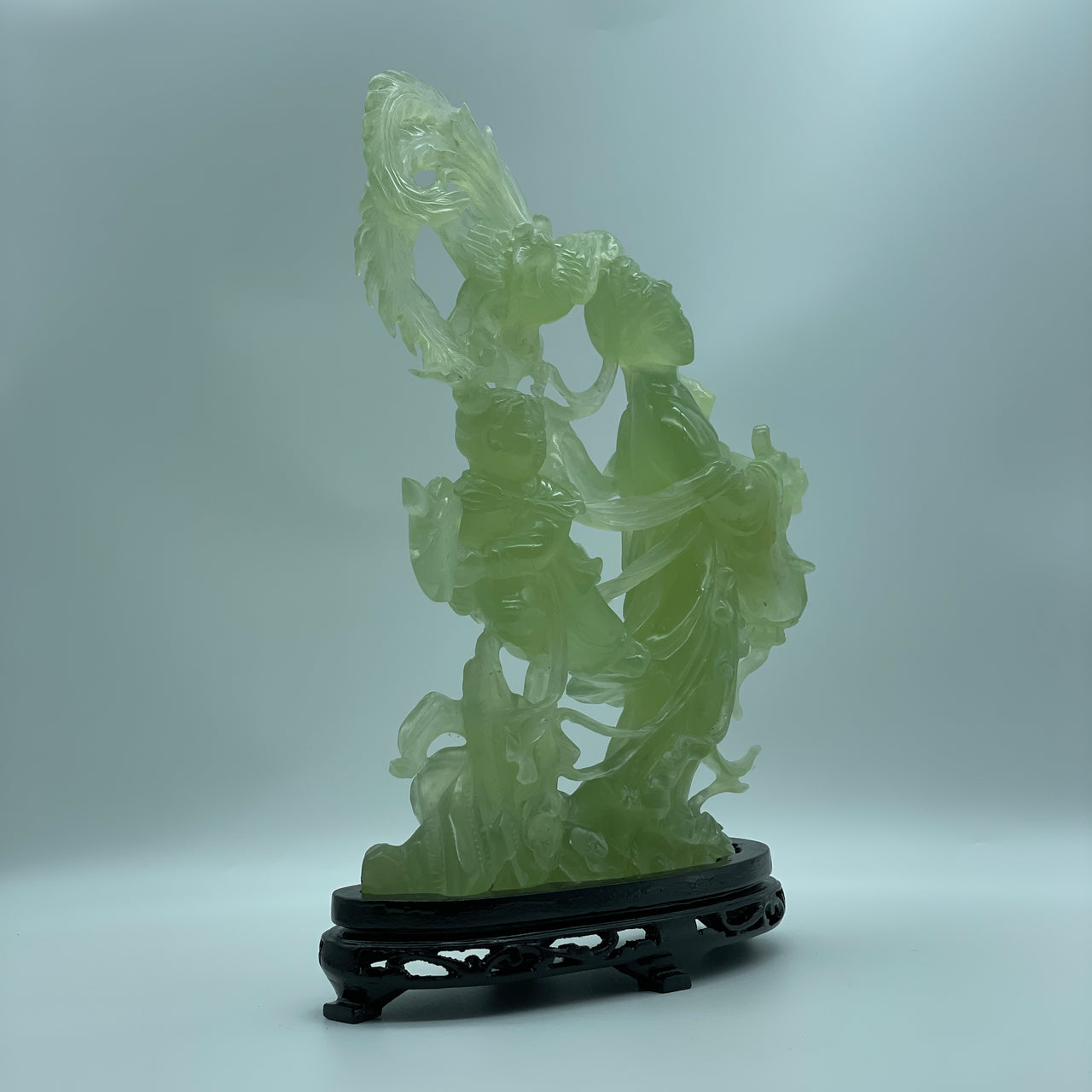 Natural Semi Icy Green Serpentine Fairy with Ne Zha and Phoenix with Wooden Stand Display 1,607.0g 248.0 by 80.0 by 198.0mm