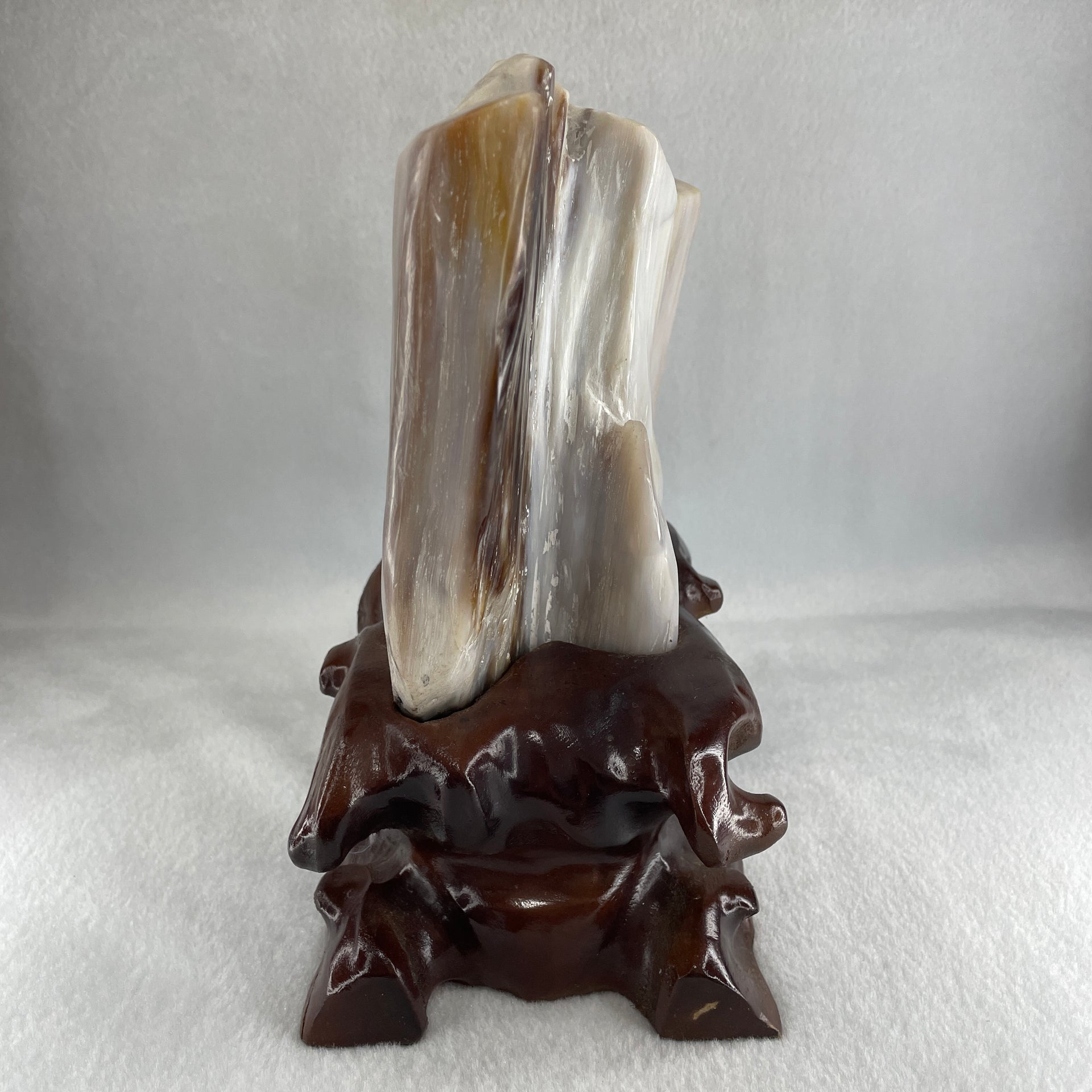 Natural White Yellow Brown Fossilised Petrified Wood with Wooden Stand Display 1,877.7g 160.0 by 107.0 by 200.0mm - Huangs Jadeite and Jewelry Pte Ltd