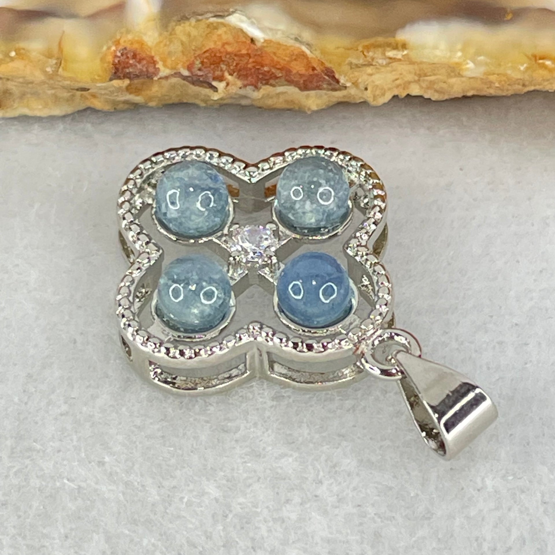 Above Average Grade Rare Natural Blue Dumortierite Rutilated Quartz in S925 Four Leaf Clover Pendant 2.18g 4.0mm 4pcs - Huangs Jadeite and Jewelry Pte Ltd