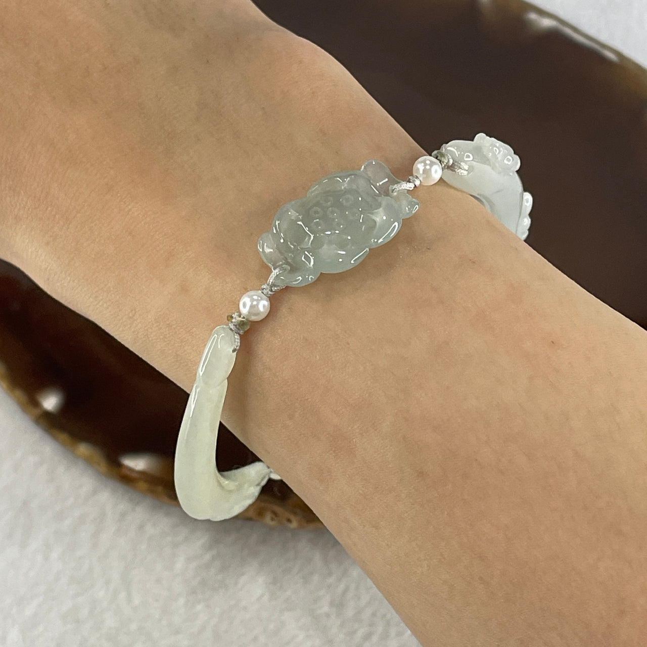 Natural Type A Semi Icy Light Green with Light Lavender Jadeite Flower Bracelet 16.97g 18cm 5.9 by 9.1mm - 22.6 by 14.1 by 5.5mm - Huangs Jadeite and Jewelry Pte Ltd