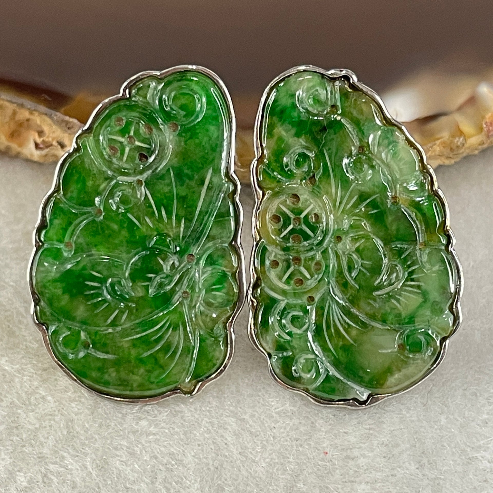 Antique Natural Type A Oldmine Spicy Green Jadeite Ruyi and Coin With S925 Sliver Earrings 10.16g 29.0 by 17.8 by 1.0mm - Huangs Jadeite and Jewelry Pte Ltd