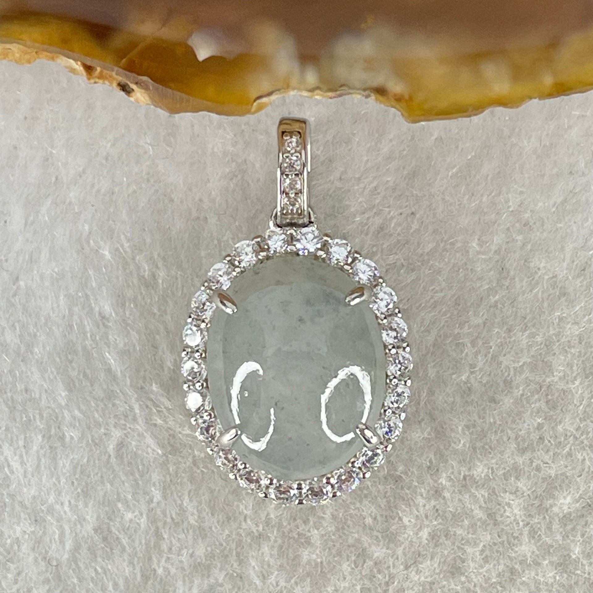 Type A Icy Green With Wuji Grey Spots Cabochon Jadeite in S925 Sliver Crystal Charm 2.85g 13.9 by 10.9 by 5.0mm - Huangs Jadeite and Jewelry Pte Ltd