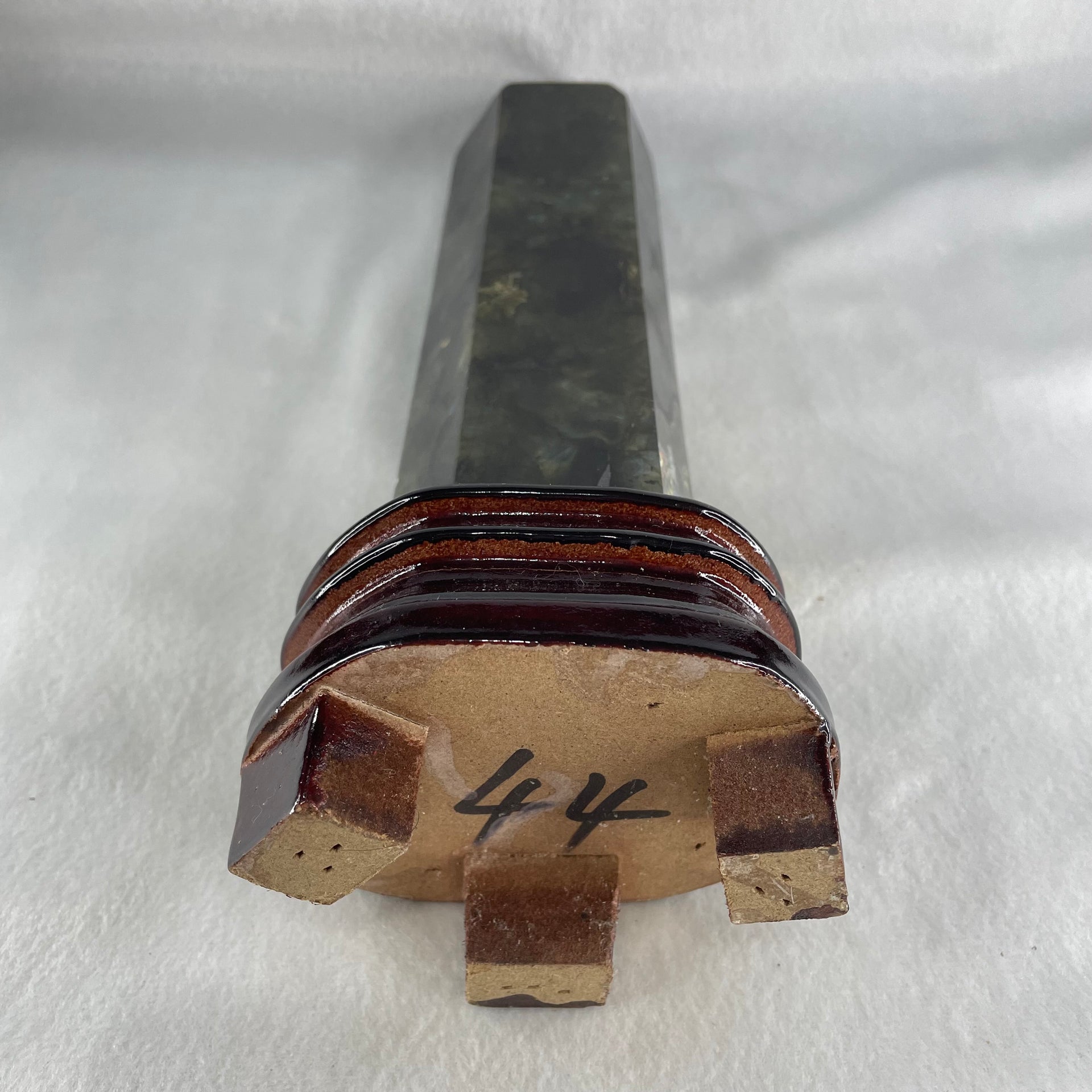 Good Grade Natural Labradorite Tower with Wooden Stand Display 1109.6g 260.5 by 192.7 by 75.2mm - Huangs Jadeite and Jewelry Pte Ltd